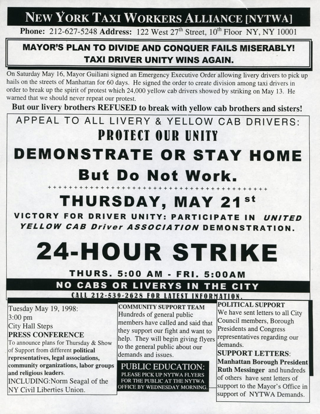 Flyer, distributed to cab drivers, shares information regarding upcoming NYTWA strike.