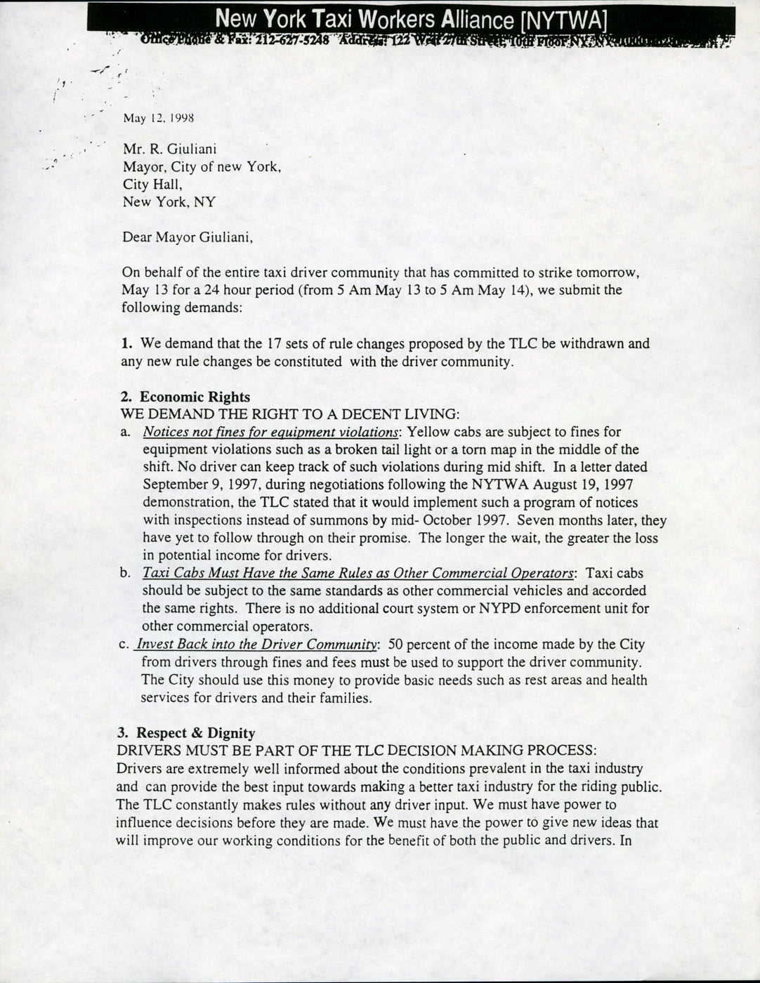 A two page, typewritten letter addressed to Mayor Rudy Giuliani. The letter outlines the NYTWA's demands ahead of their upcoming strike.