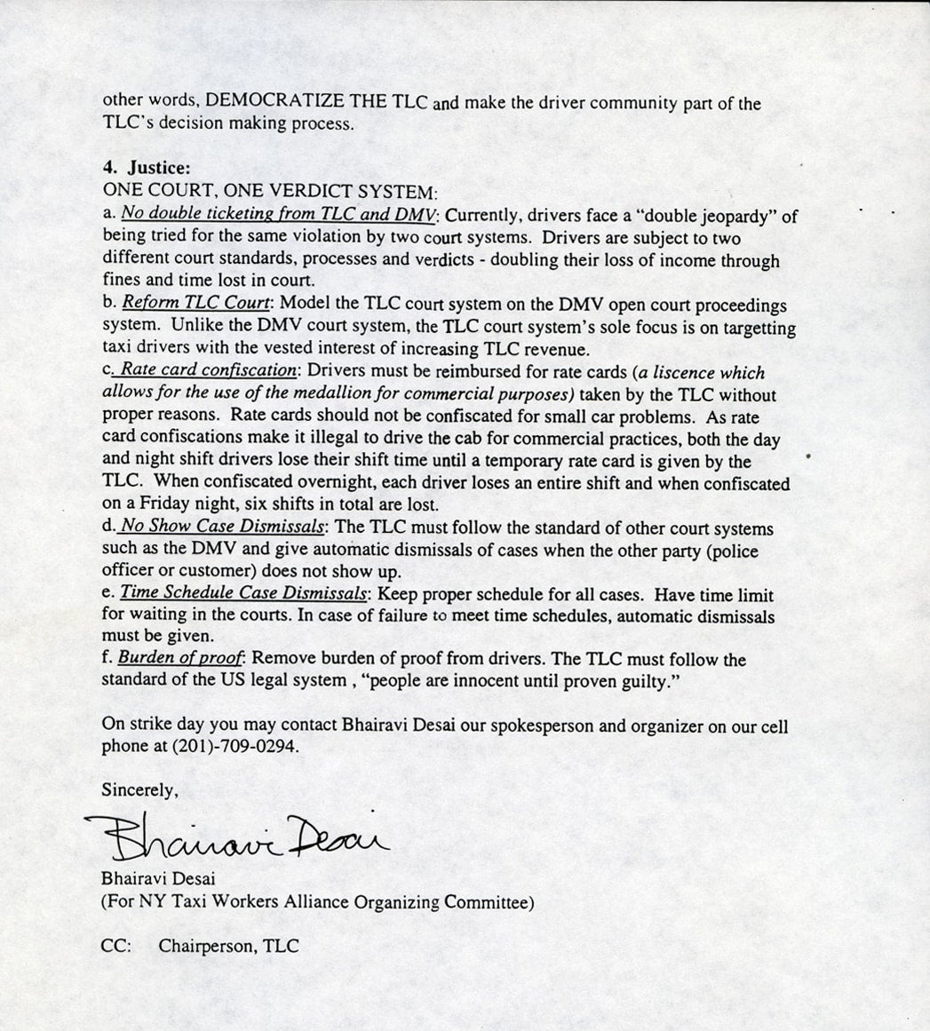 A two page, typewritten letter addressed to Mayor Rudy Giuliani. The letter outlines the NYTWA's demands ahead of their upcoming strike.