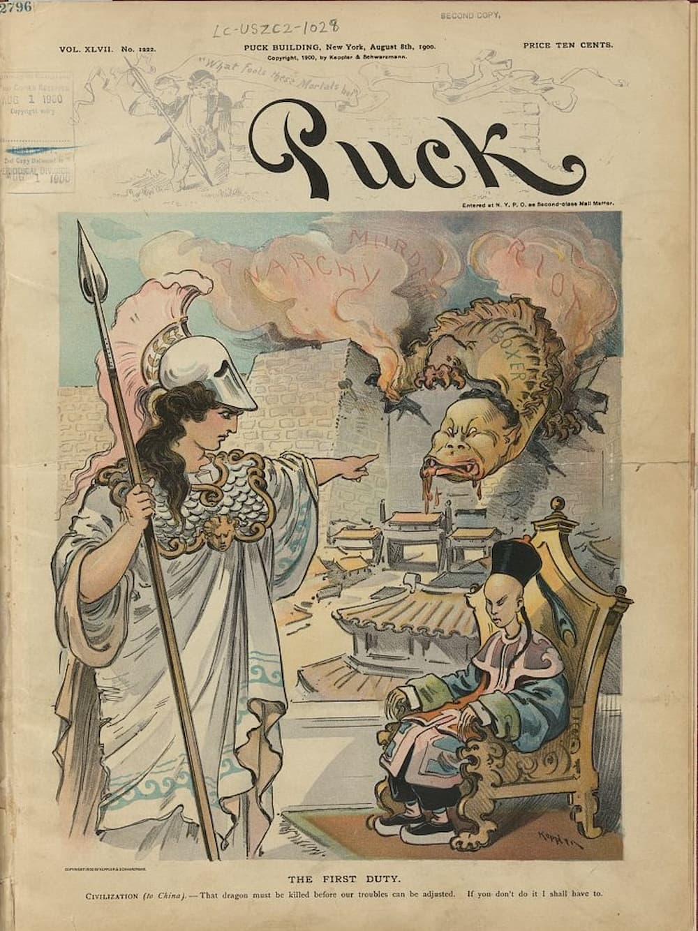 A woman in a toga and helmet holds a spear, stares at a Chinese man in an ornate chair, and points to a dragon destroying the wall behind them.