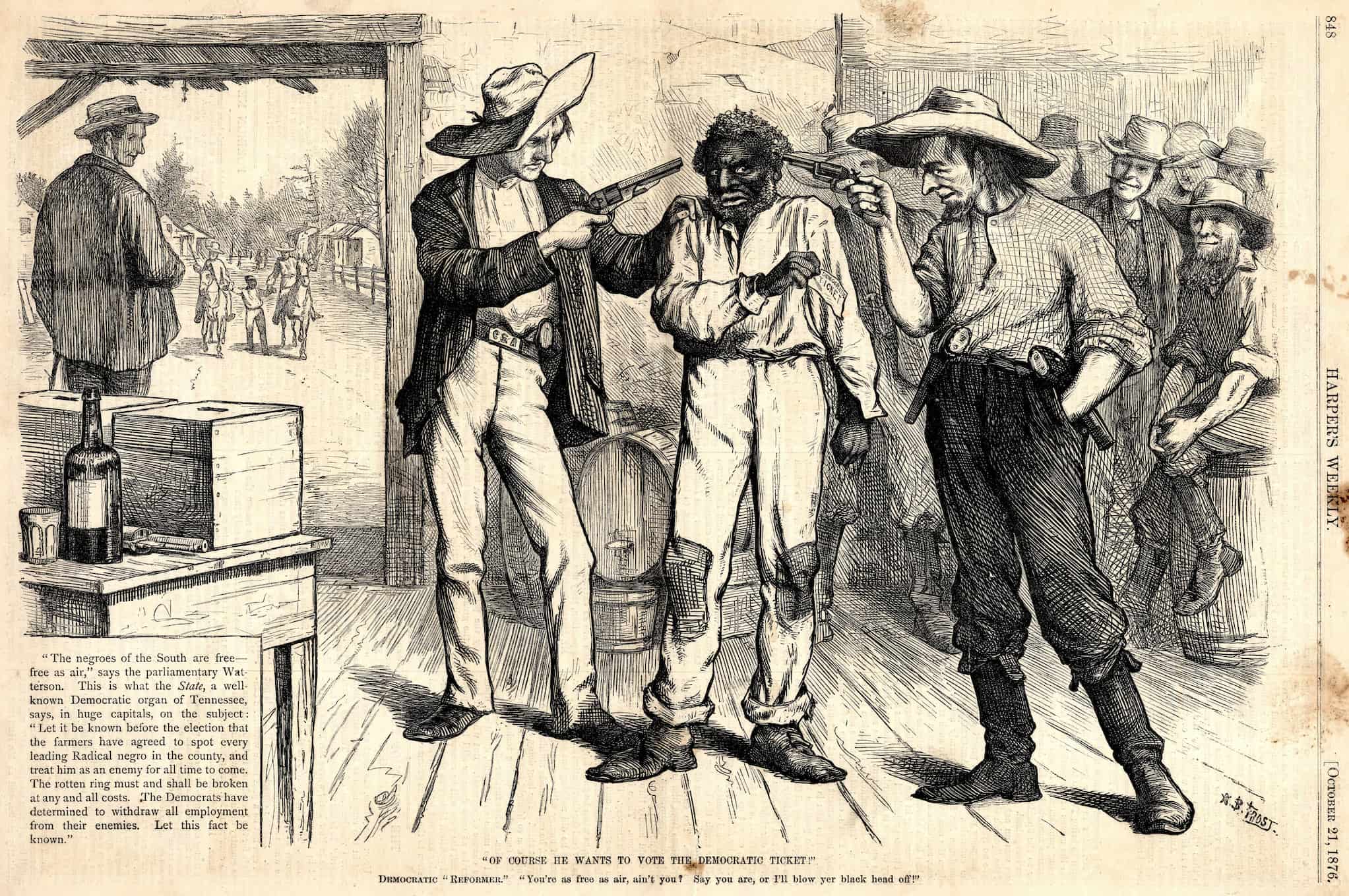 A black man stands before a polling box. Two white men hold guns to his head. In the distance a black man is held by 2 riders on horses.