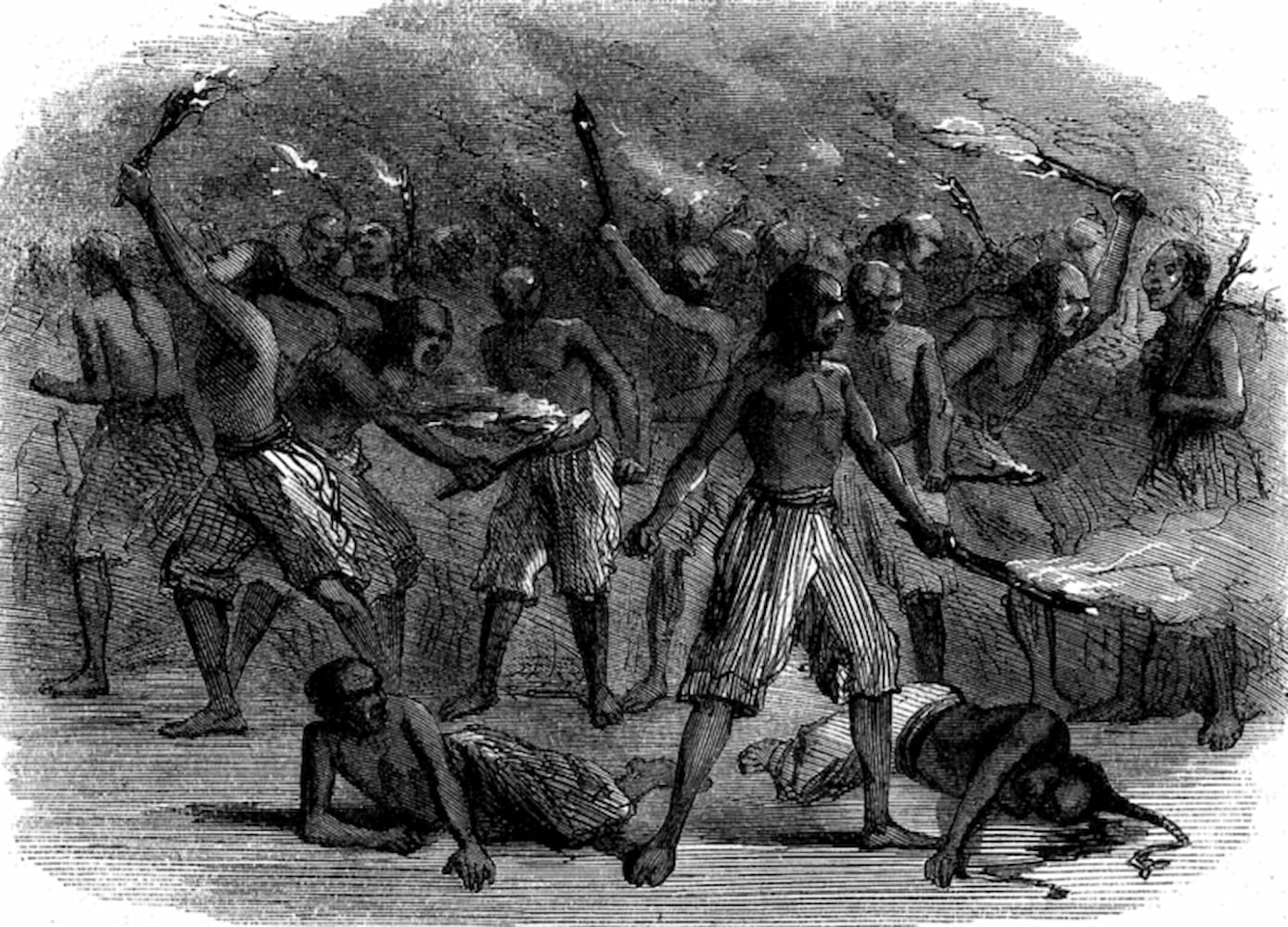 Illustration depicts Chinese "coolies" preparing a mutiny with lit torches on a ship being sent from Macao.