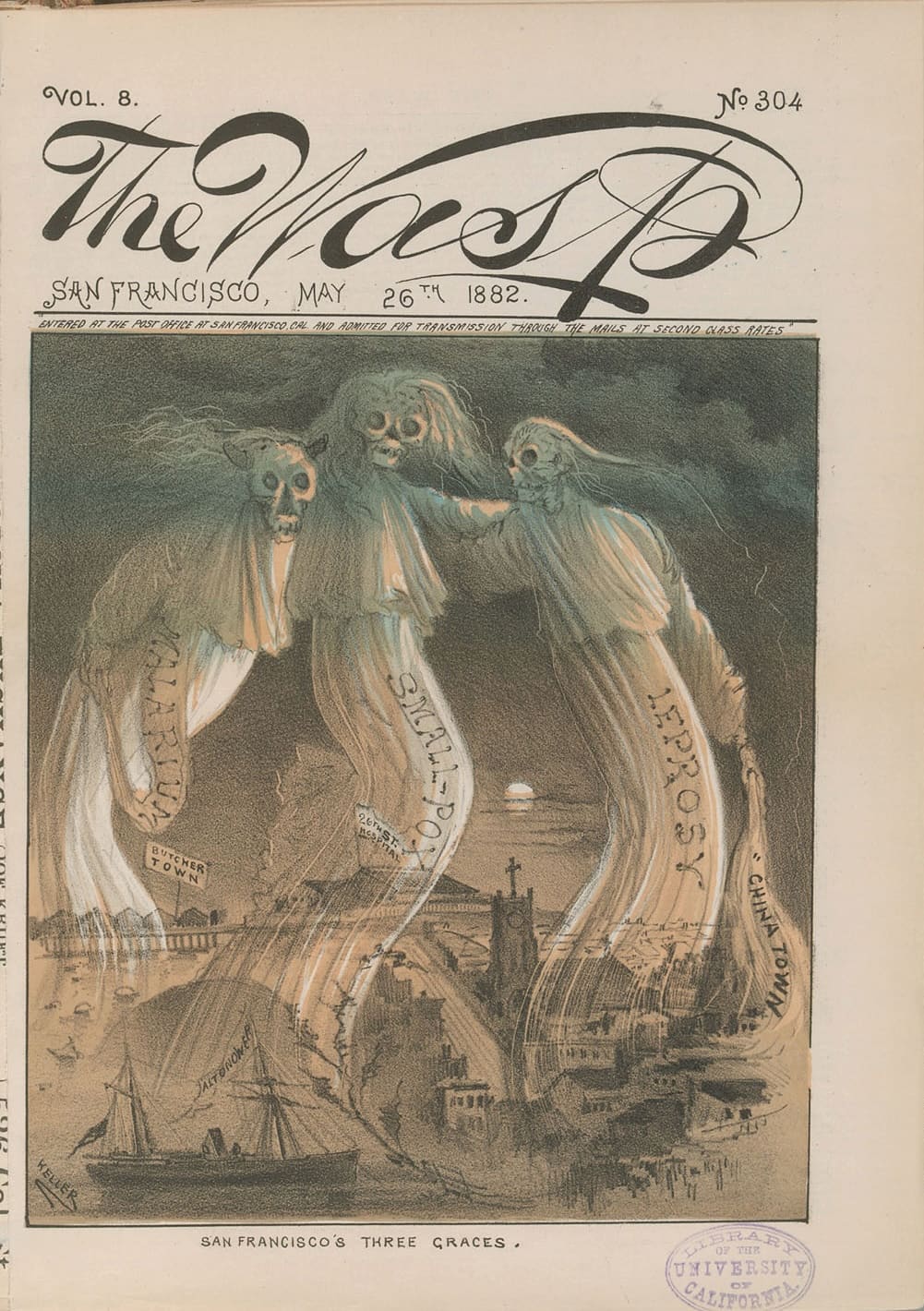 Illustration depicts San Francisco's Three Graces. Three large ghosts representing malaria, smallpox, and leprosy hover over San Francisco.