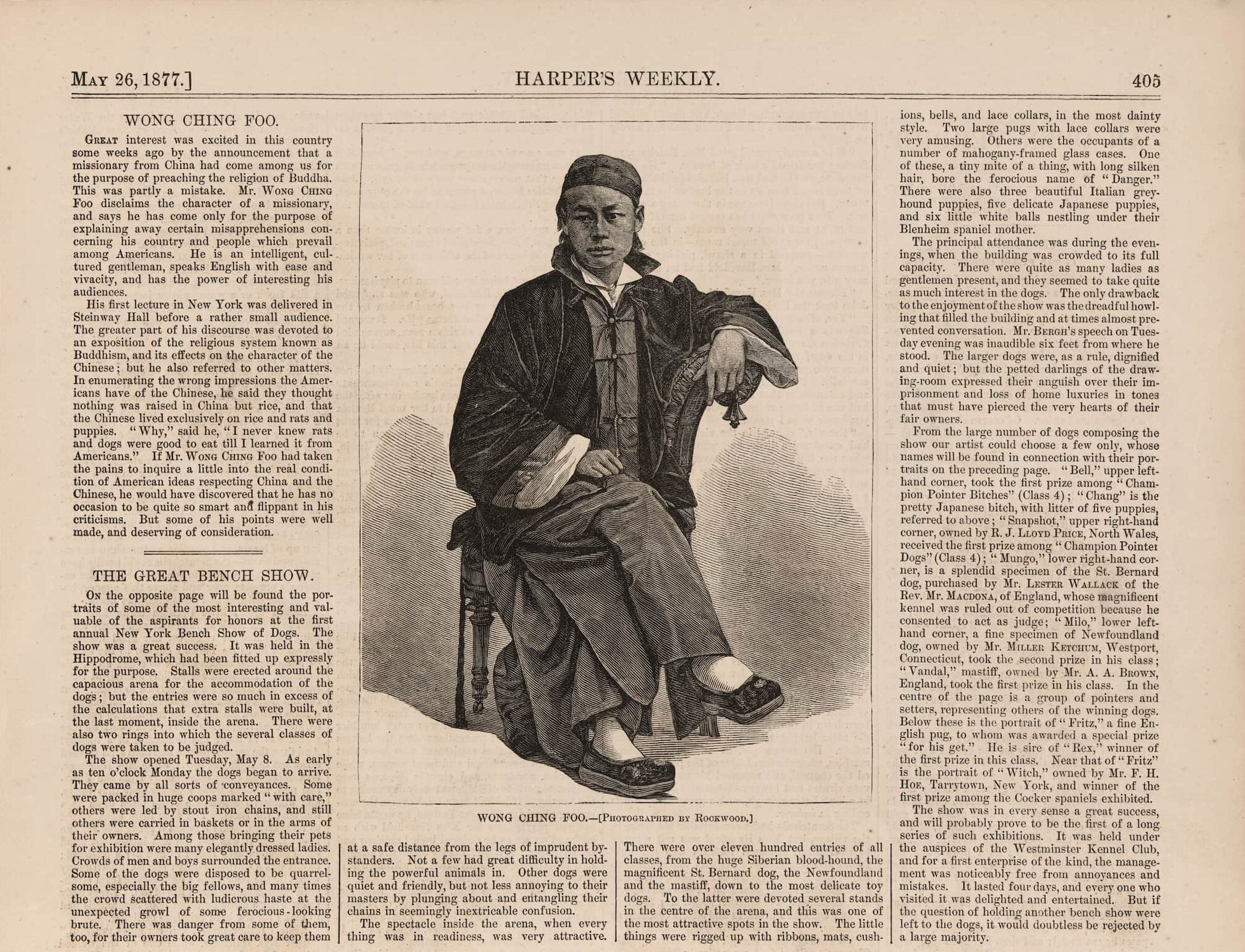 Illustration in Harper's Weekly newspaper of Chin Foo Wong, a Chinese man, casually sitting in traditional Chinese clothing.
