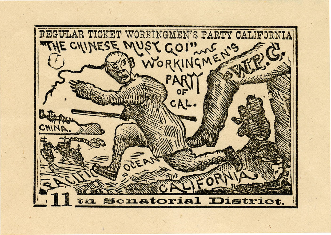 Political cartoon with the metaphorical leg of California kicking a Chinese man out into the Pacific Ocean. Text above reads "The Chinese Must Go!"