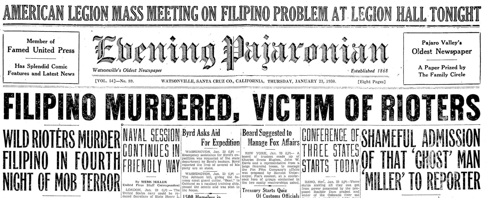Newspaper with headlines: Filipino Murdered, Victim of Rioters, and Wild Rioters Murder Filipino in fourth night of mob terror.