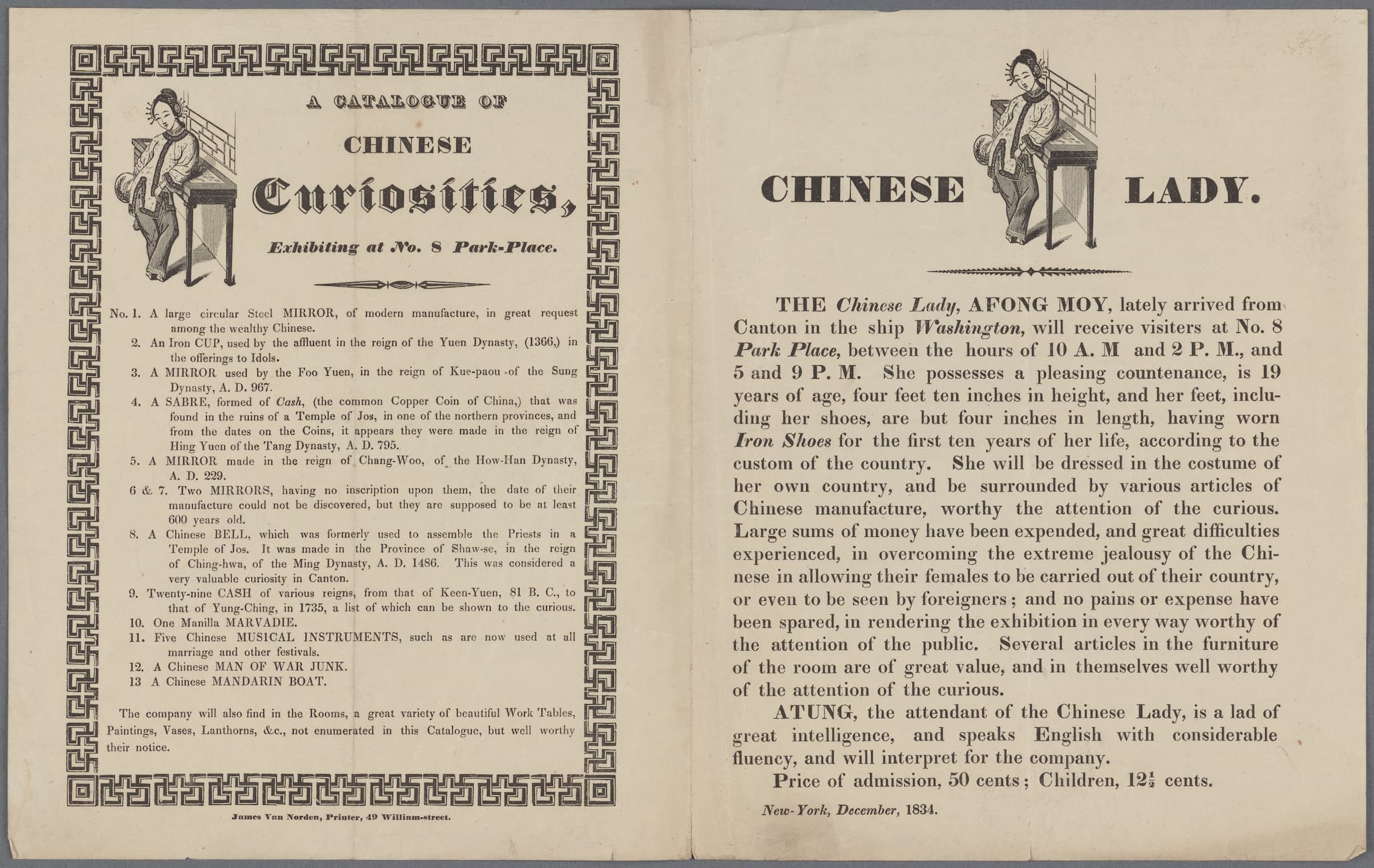 2 book pages: A list of Chinese curiosities includes mirrors, a cup, a sabre, and bell. An ad to visit a Chinese Lady with 4-inch feet.