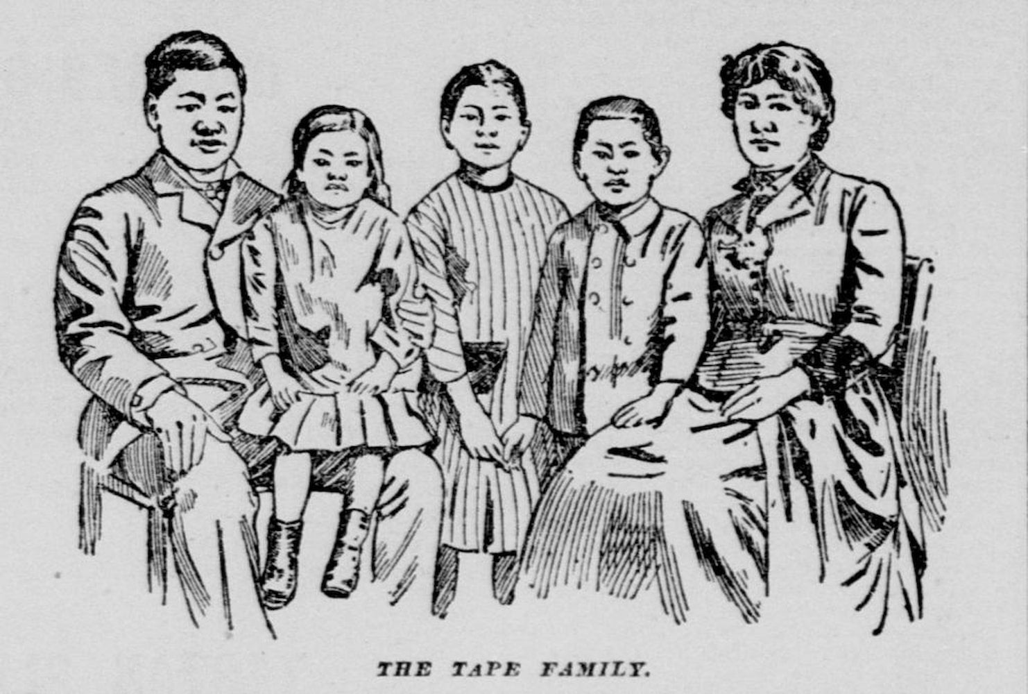 Sketch of the Tape Family in formal attire. The parents sit. A son and daughter stand between them. The father holds the youngest daughter on his lap.
