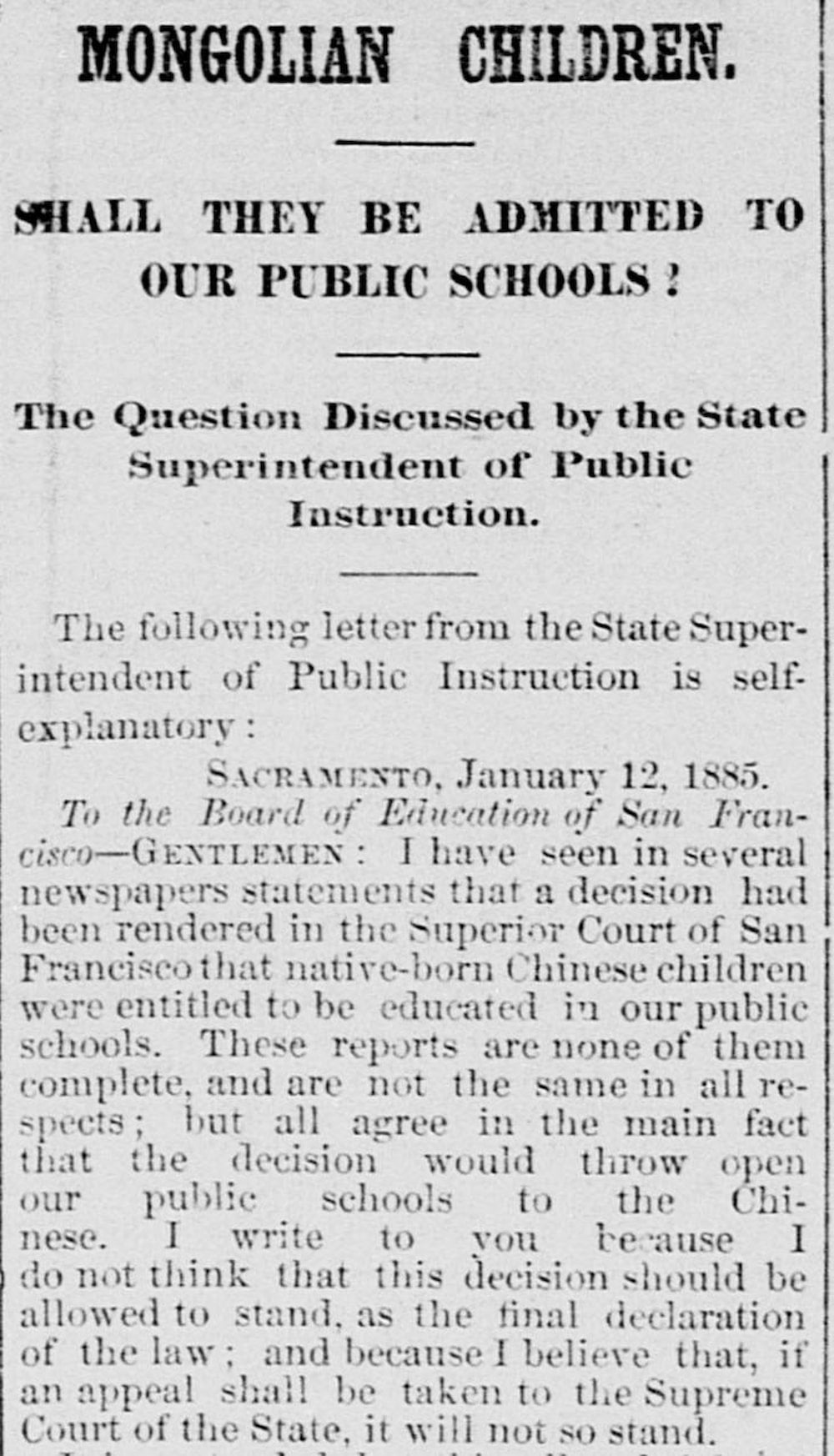 Published excerpt from the State Superintendent arguing against native-born Chinese children attending public schools. Headline: Mongolian Children.