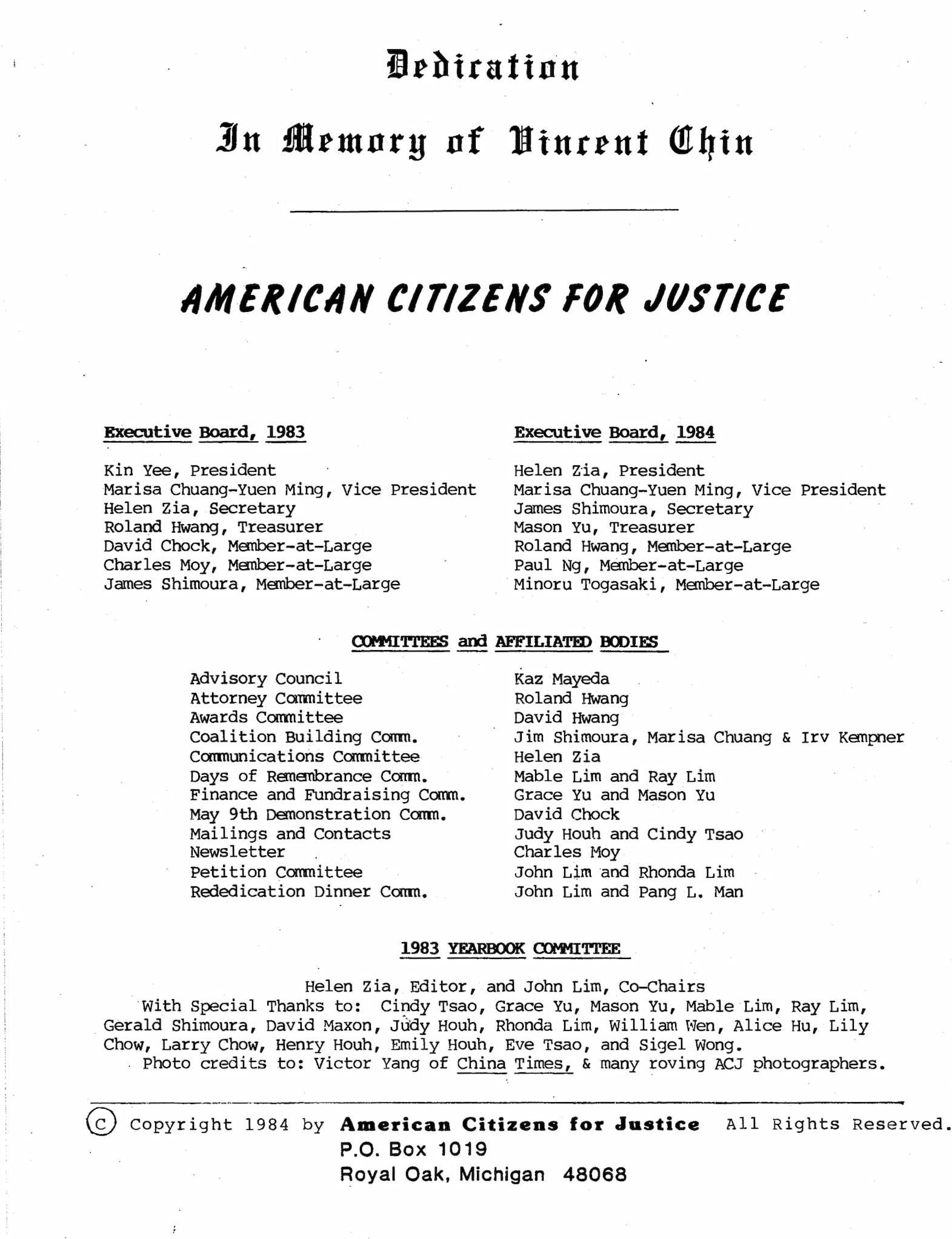 Yearbook cover with words "The American Citizens for Justice" over Statue of Liberty close-up. Following pages list group's board and mission.