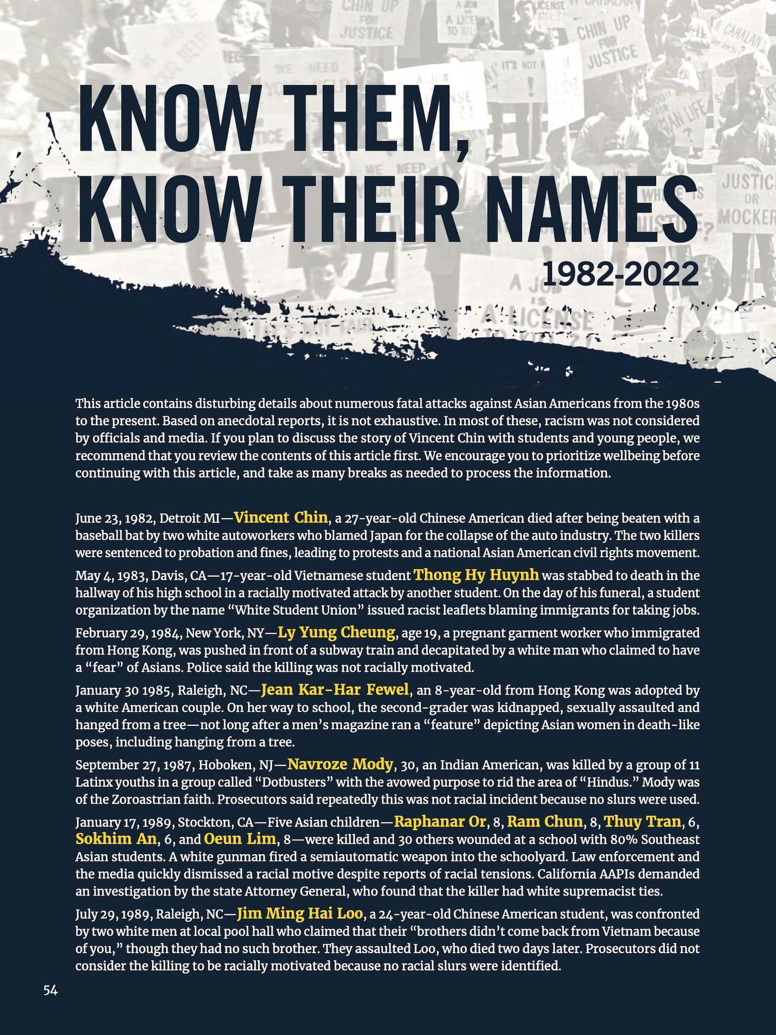 Multi-page article with heading "Know Them, Know Their Names" describes instances of anti-Asian violence in America from 1982 through 2022.