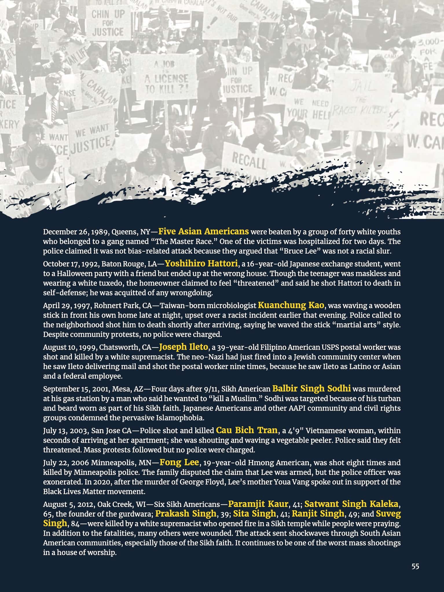 Multi-page article with heading "Know Them, Know Their Names" describes instances of anti-Asian violence in America from 1982 through 2022.