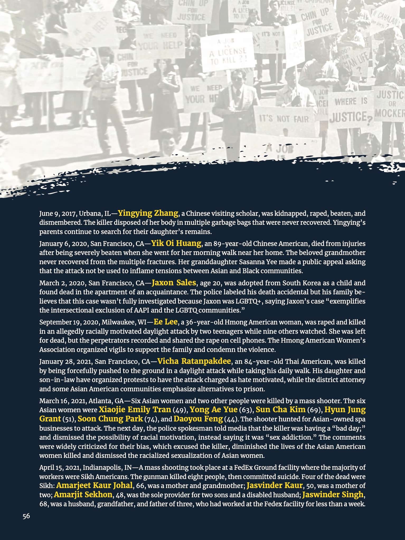 Multi-page article with heading "Know Them, Know Their Names" describes instances of anti-Asian violence in America from 1982 through 2022.