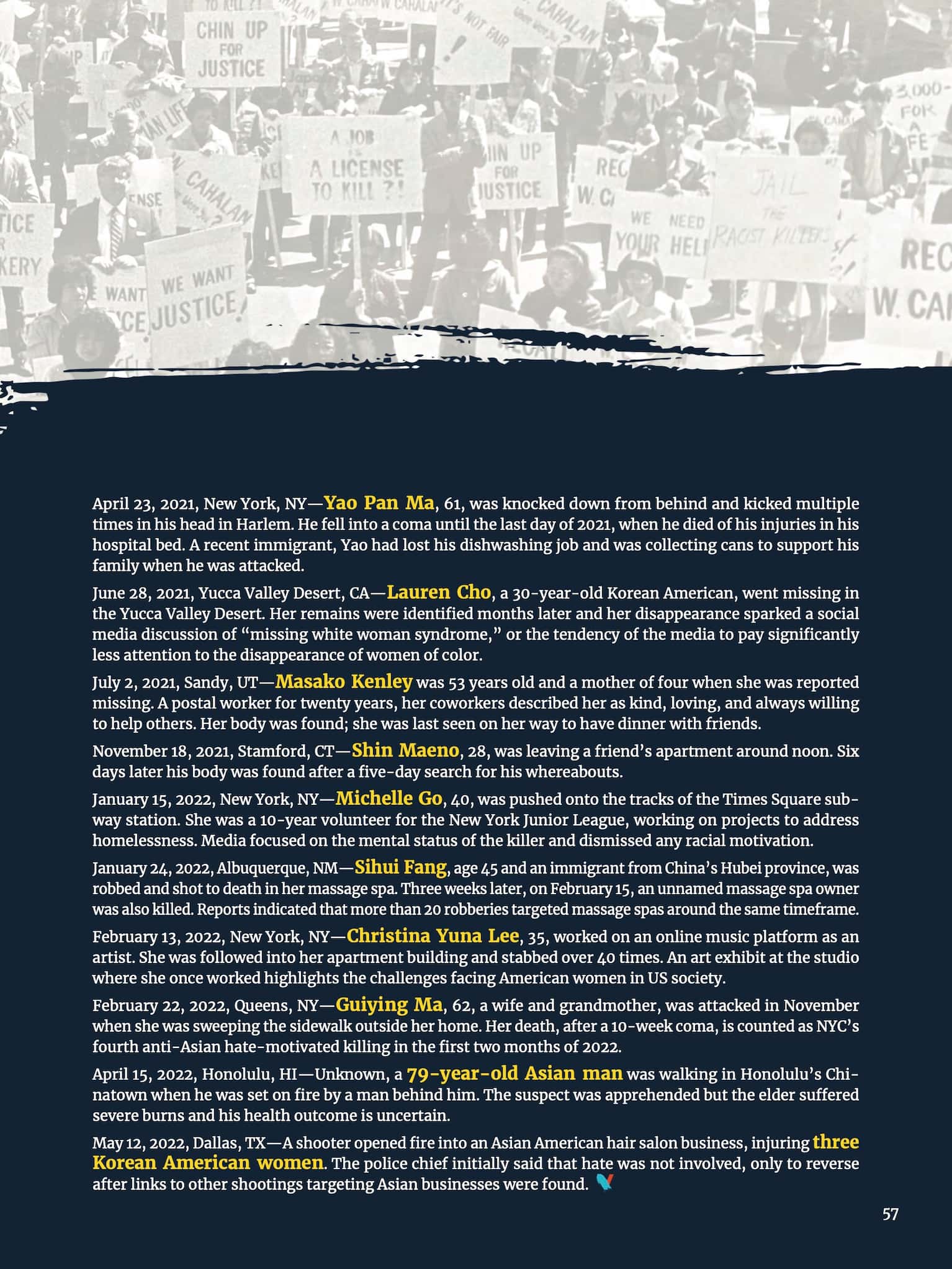 Multi-page article with heading "Know Them, Know Their Names" describes instances of anti-Asian violence in America from 1982 through 2022.