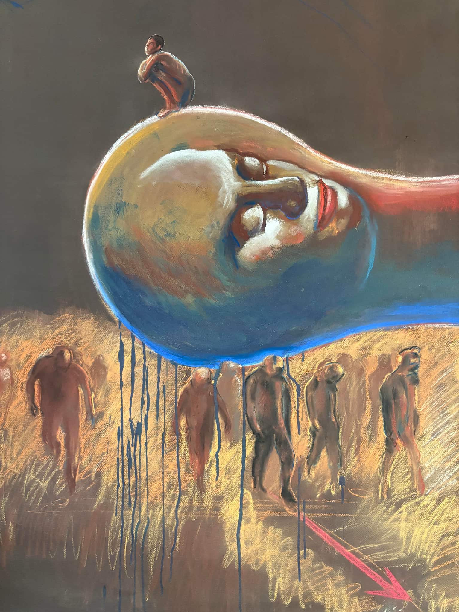 Painting: Non-descript human figures walk through a field. A man sits atop a human face that is suspended in a blueish orb.