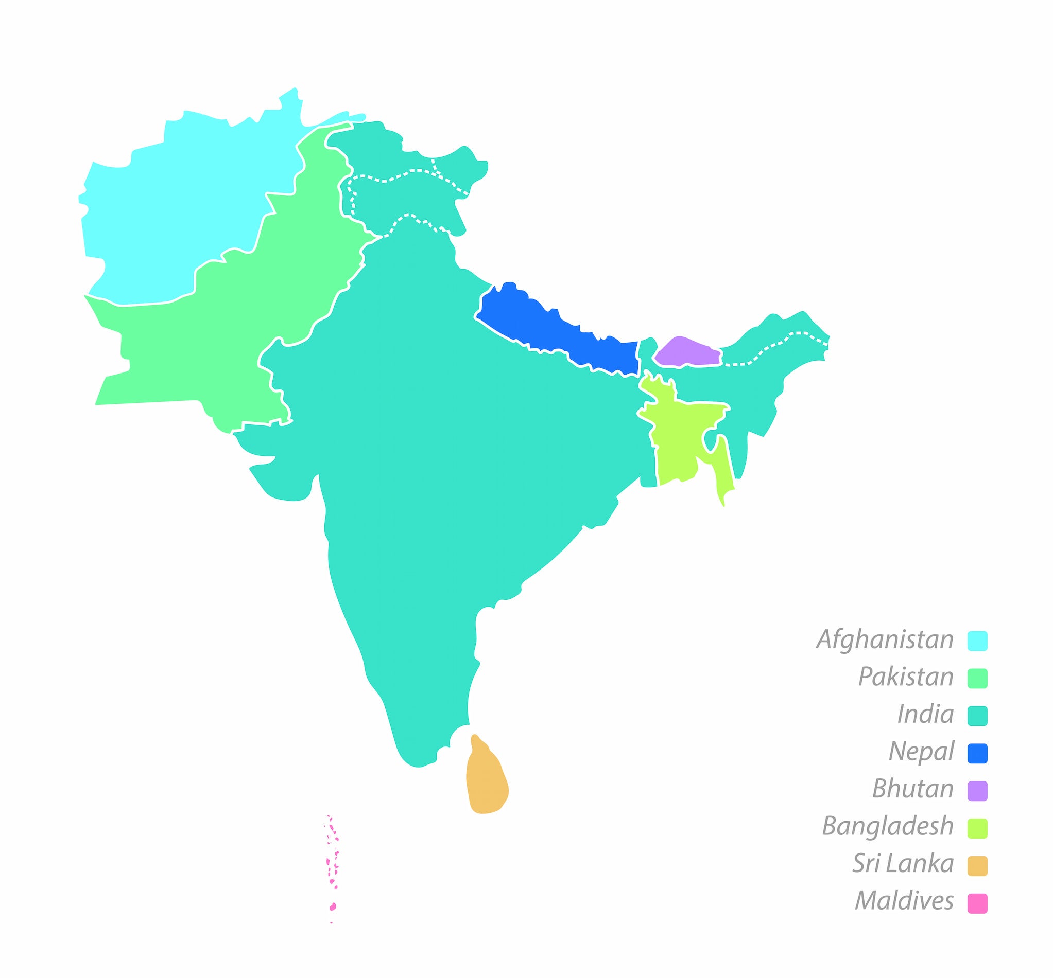 A map of South Asia that is color coded to show the different countries in the region.