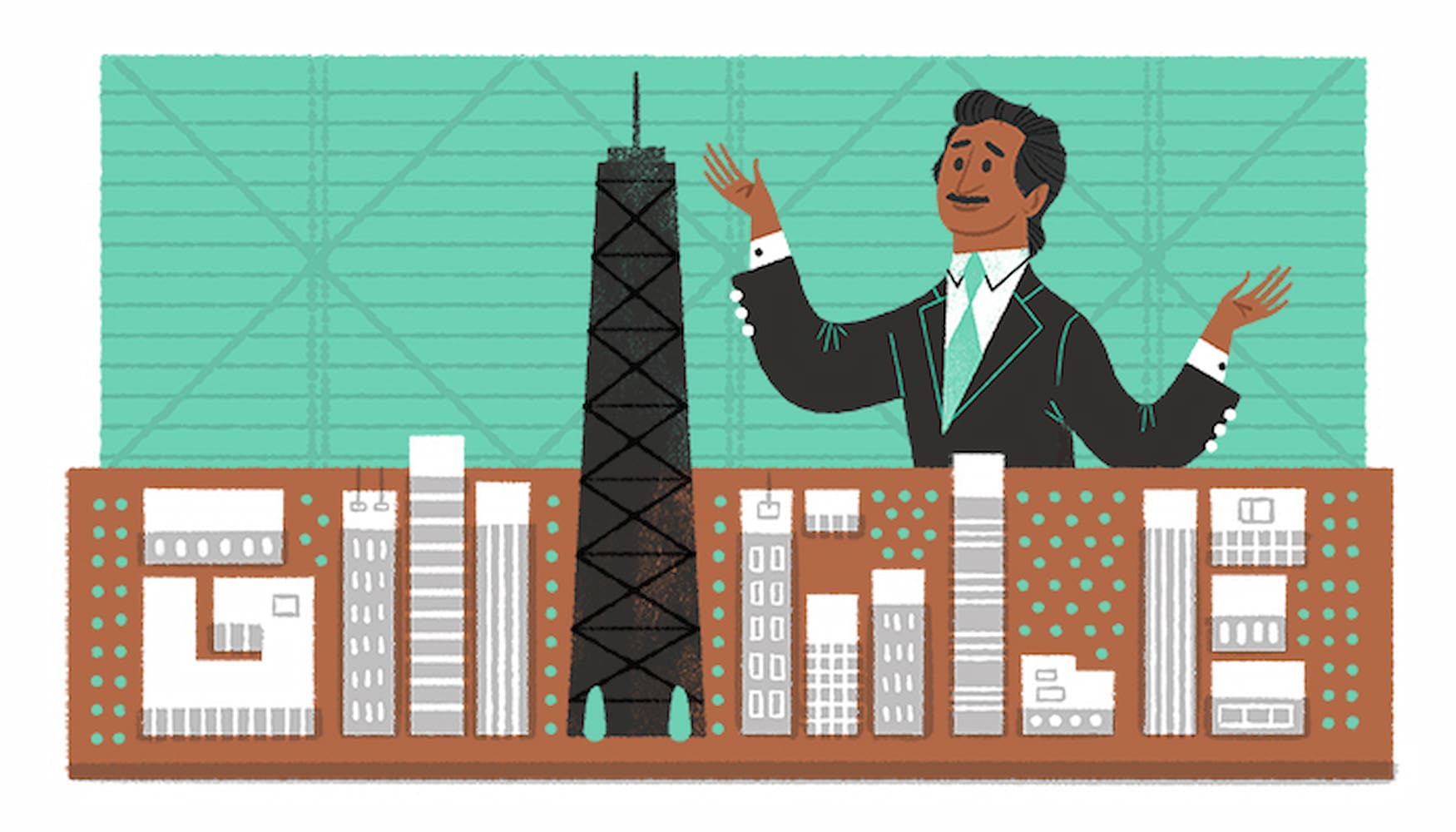 A Google Doodle of Bangladeshi American Fazlur Rahman Khan. He is dressed in a suit and tie with his hands raised looking at the John Hancock Center.