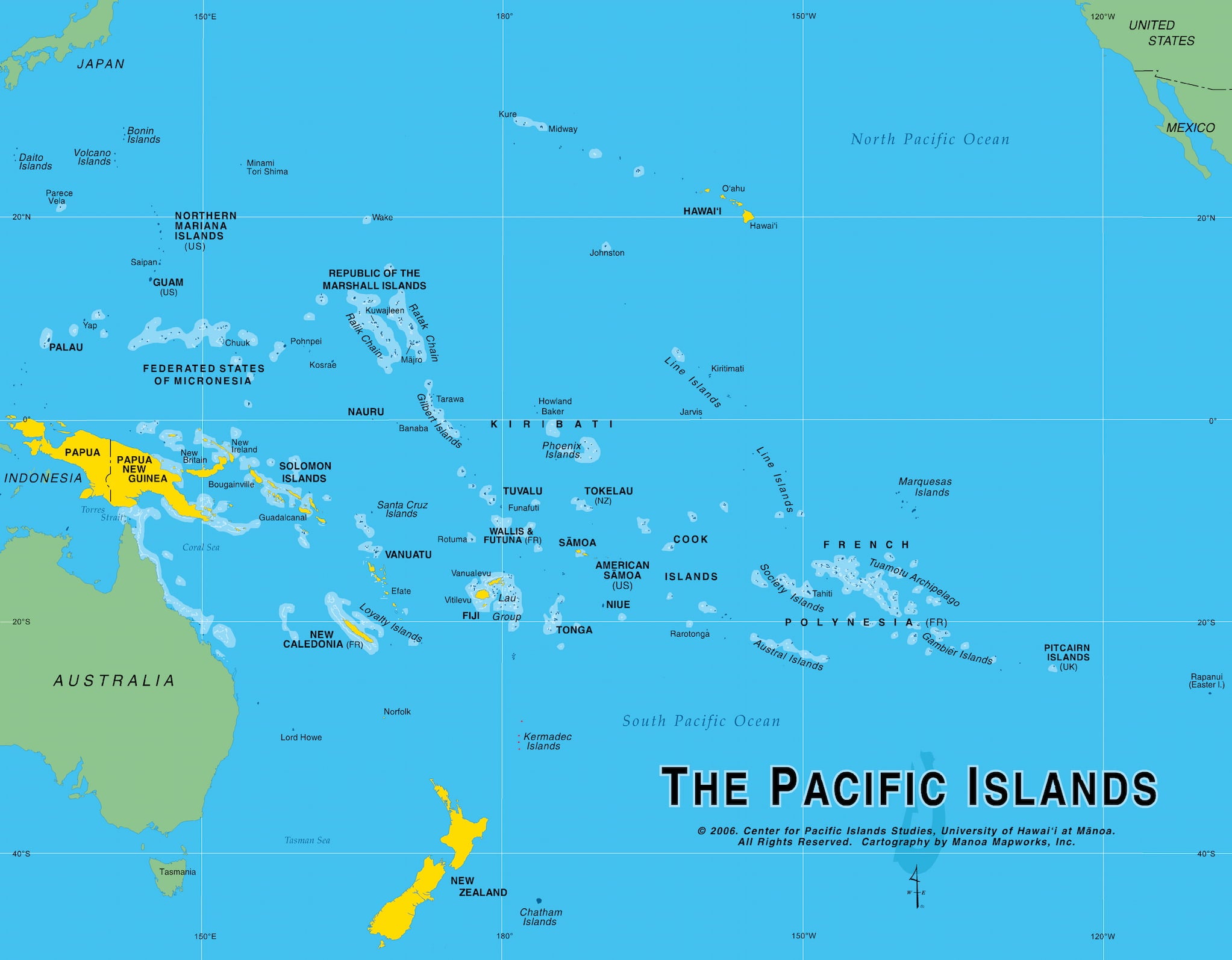 Map of the Pacific Islands in Oceania. The map highlights the land masses of the smaller and larger island states.