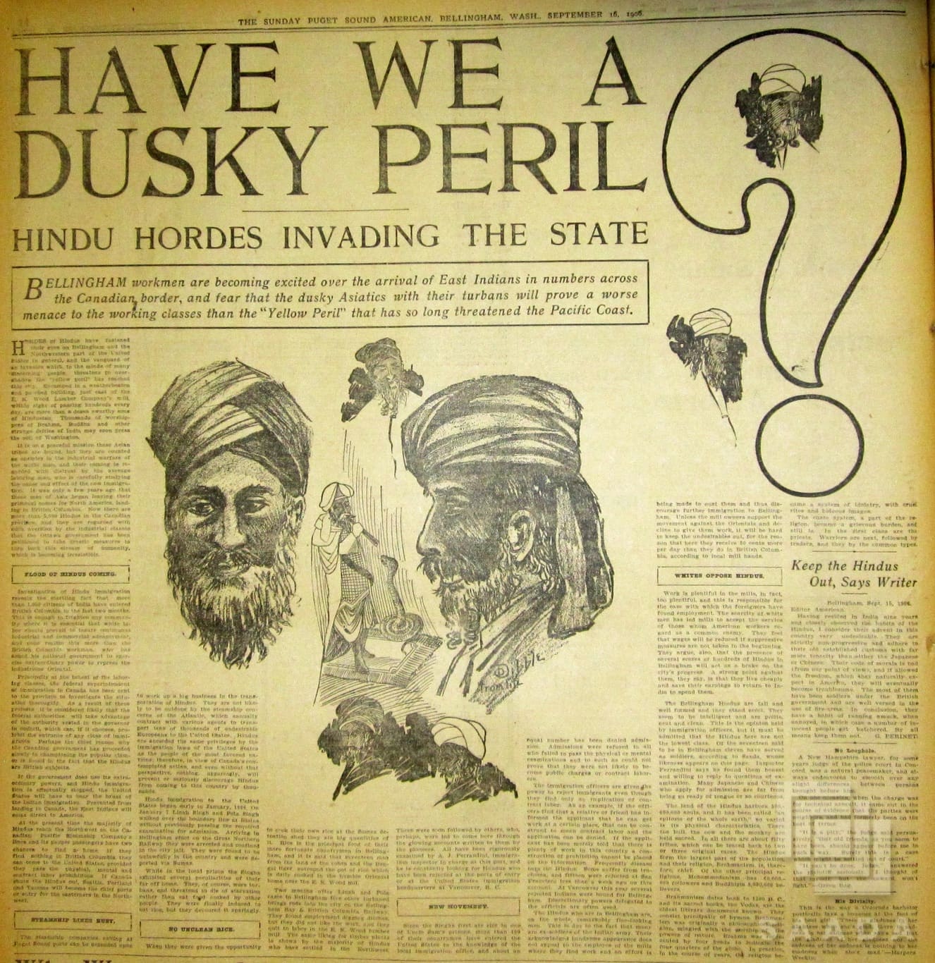 Article titled "Have we a Dusky Peril? Hindu Hordes Invading the State" featuring drawings of Hindu men including one drawn inside a question mark.