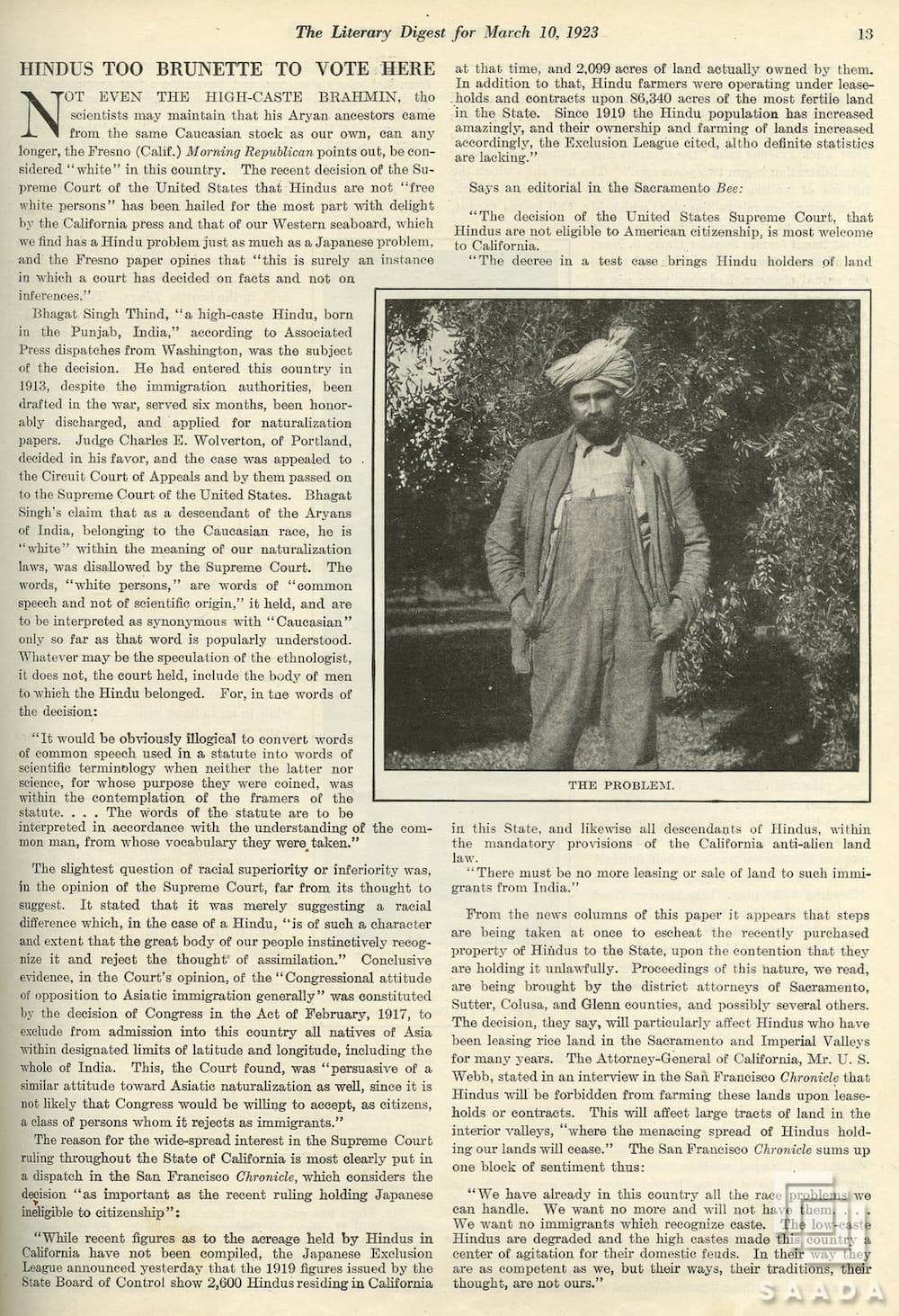 Article titled "Hindus Too Brunette to Vote Here" which describes the outcome of the 'United States vs. Bhagat Singh Thind' Supreme Court case.