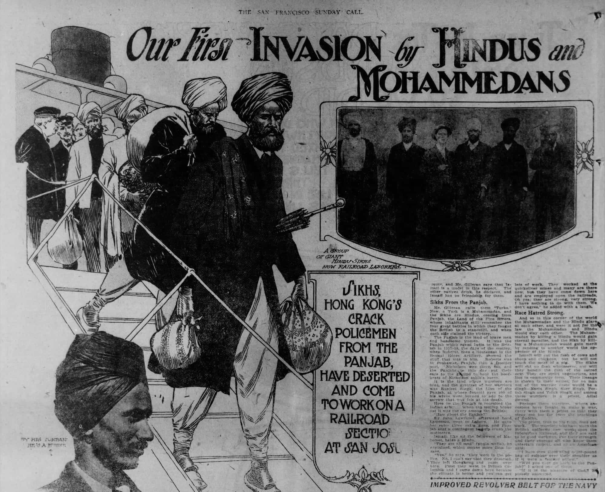 Illustration of South Asian men in turbans as they disembark from ship's gangway, with their belongings in tow. Headline appears above illustration.