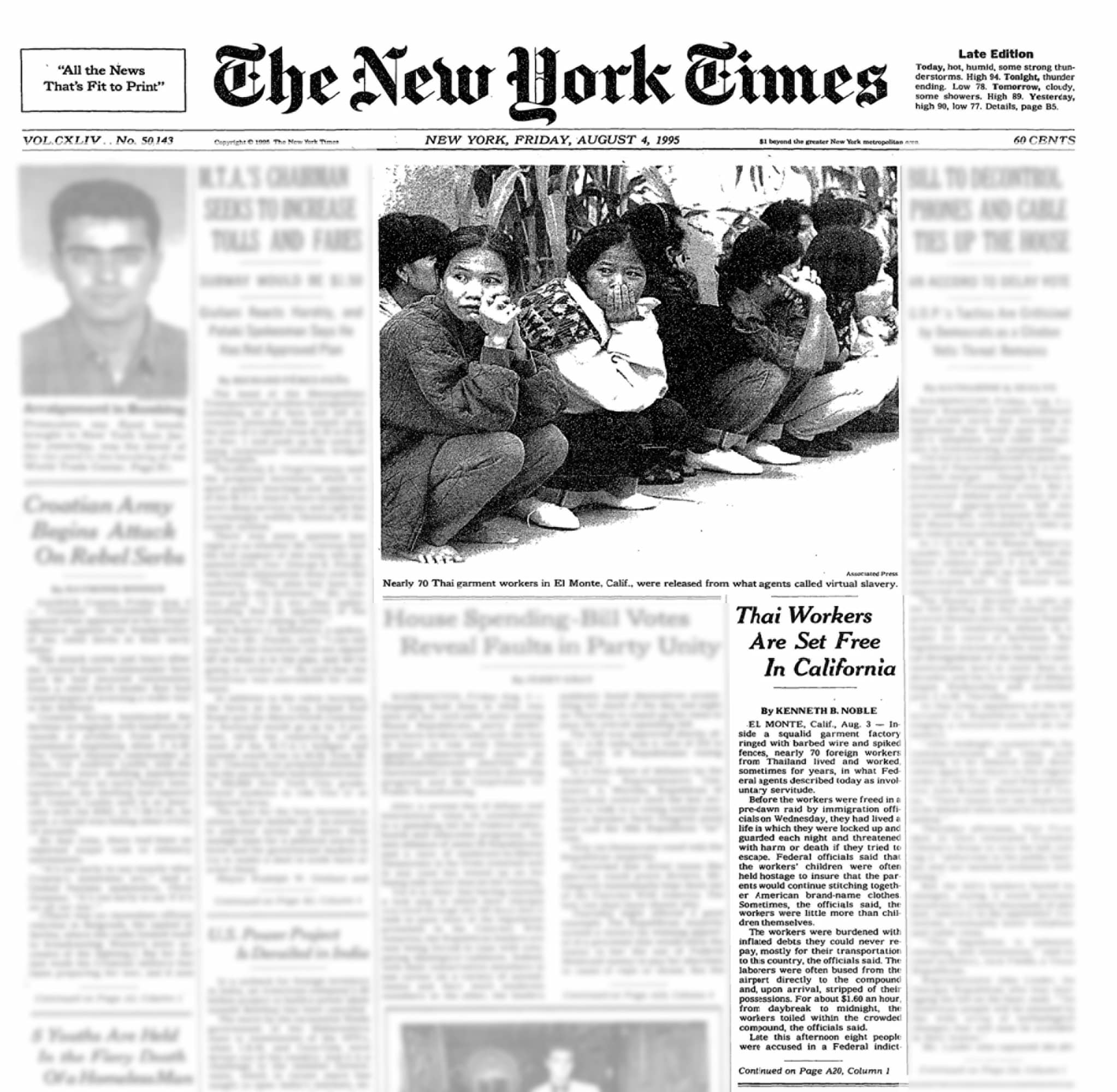 Newspaper front page with image of Thai women lined up, crouched on sidewalk. Beneath photo, article titled "Thai Workers Set Free in California."