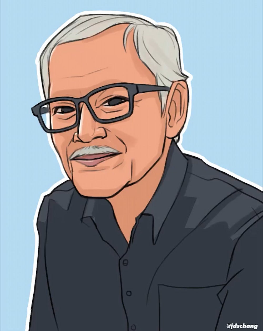 Digital illustration of Vicha Ratanapakdee, older Thai man with gray hair, a mustache, and black rimmed glasses, set against light blue background.