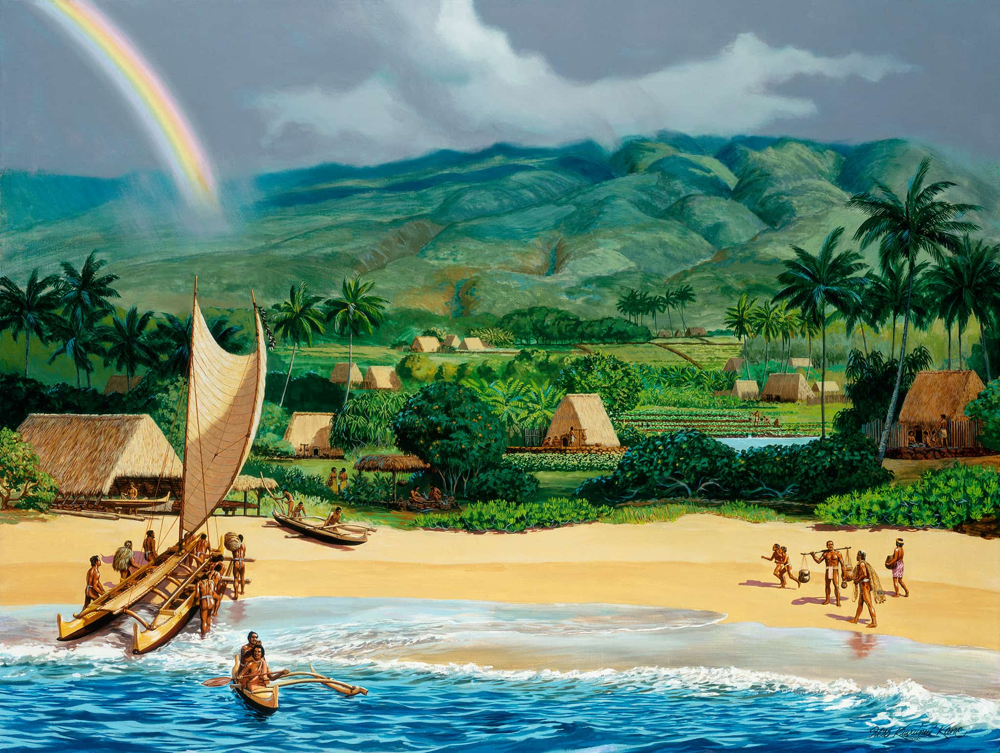 Painting of Ka'anapali, Maui. Kānaka ʻŌiwi bring in their catch and wa'a kaulua while a wa'a heads out. Behind them are poi fields, rainbow, and hale.