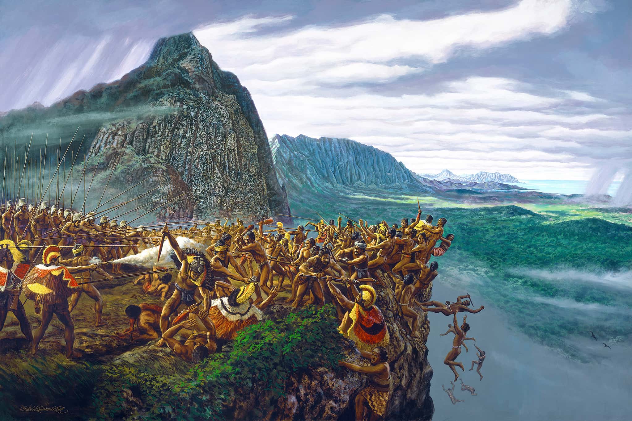 Painting of the Battle of Nu'uanu (Kalelekaʻanae). On the left, Kamehameha's warriors wield spears and force the opposition off of the cliff's edge.