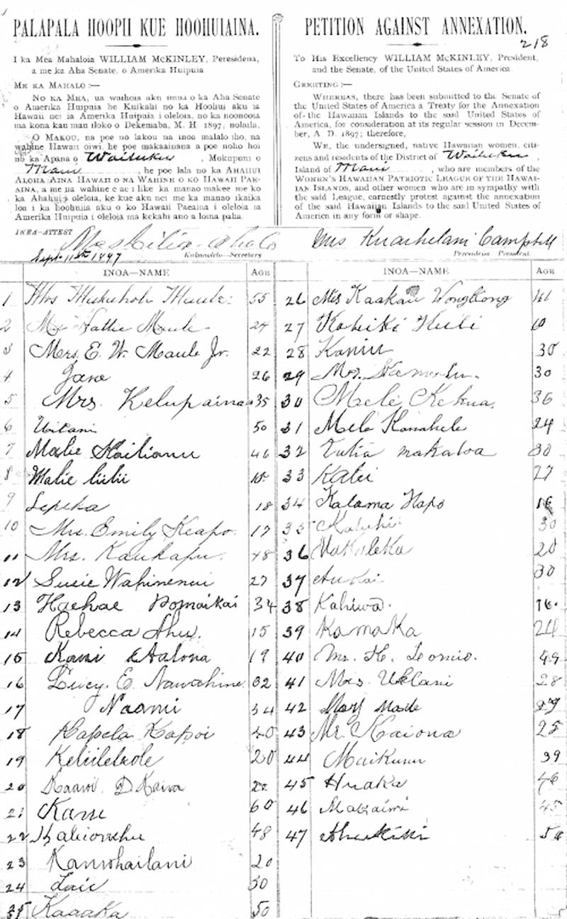 Page of Maui’s Kūʻē petitions against annexation. A statement is written in ʻōlelo Hawaiʻi and English at the top followed by Kānaka ʻŌiwi signatures.