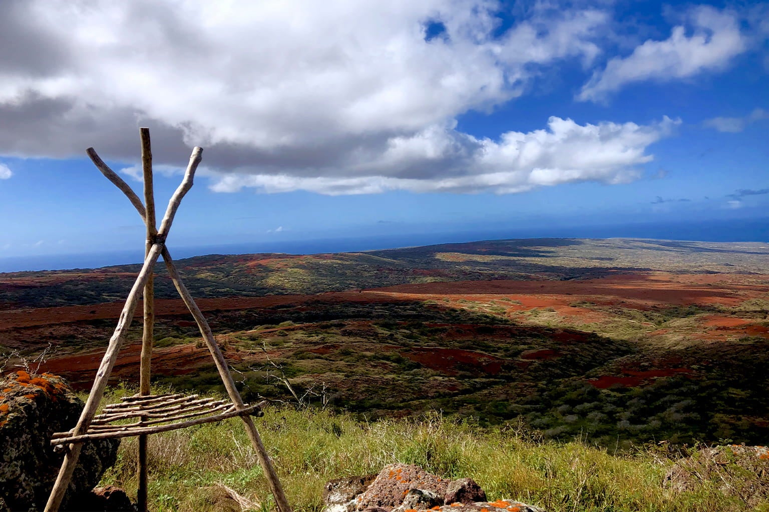 A lele, or offering tower, set up on the rocky surface of Puʻu Moaʻulaiki on Kaho‘olawe.