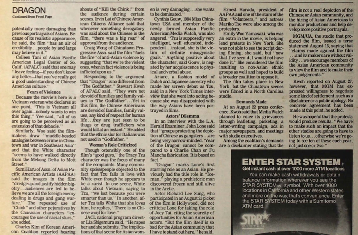 Front page of Pacific Citizen newspaper, which chronicles the widespread protests against film Year Of The Dragon.