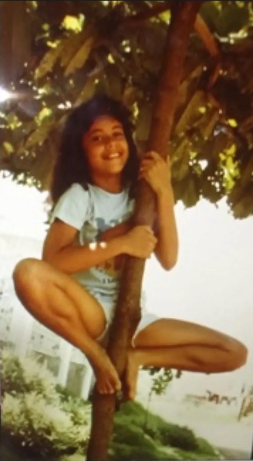 Maya as a young girl wearing shorts and a t-shirt, climbing a tree and smiling.