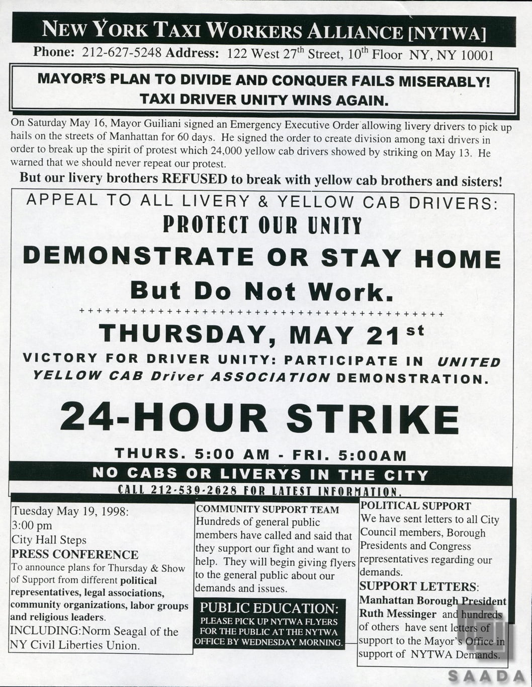 Flyer, distributed to cab drivers, shares information regarding upcoming NYTWA strike.