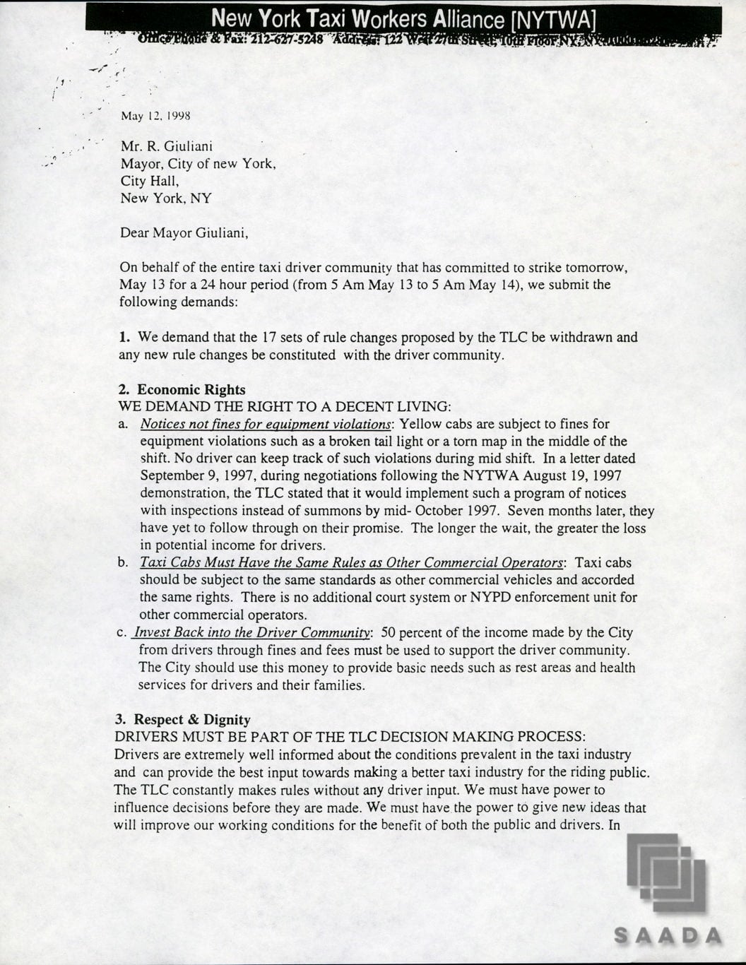 A two page, typewritten letter addressed to Mayor Rudy Giuliani. The letter outlines the NYTWA's demands ahead of their upcoming strike.