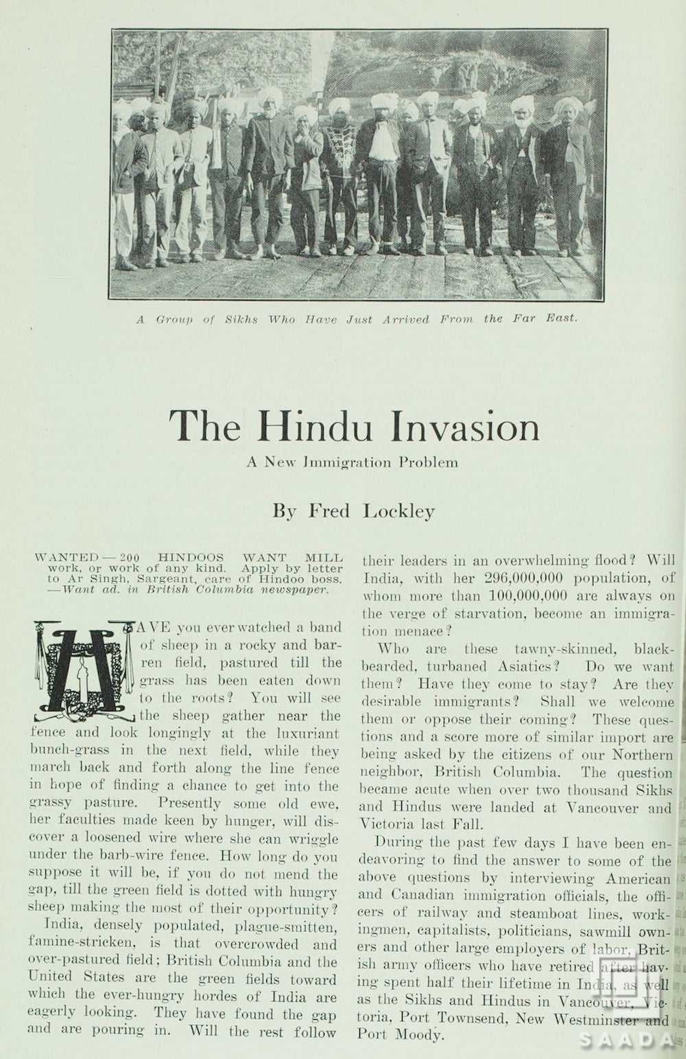 A photo of recently arrived Sikh men above an article discussing Fred Lockley's case against Hindus.
