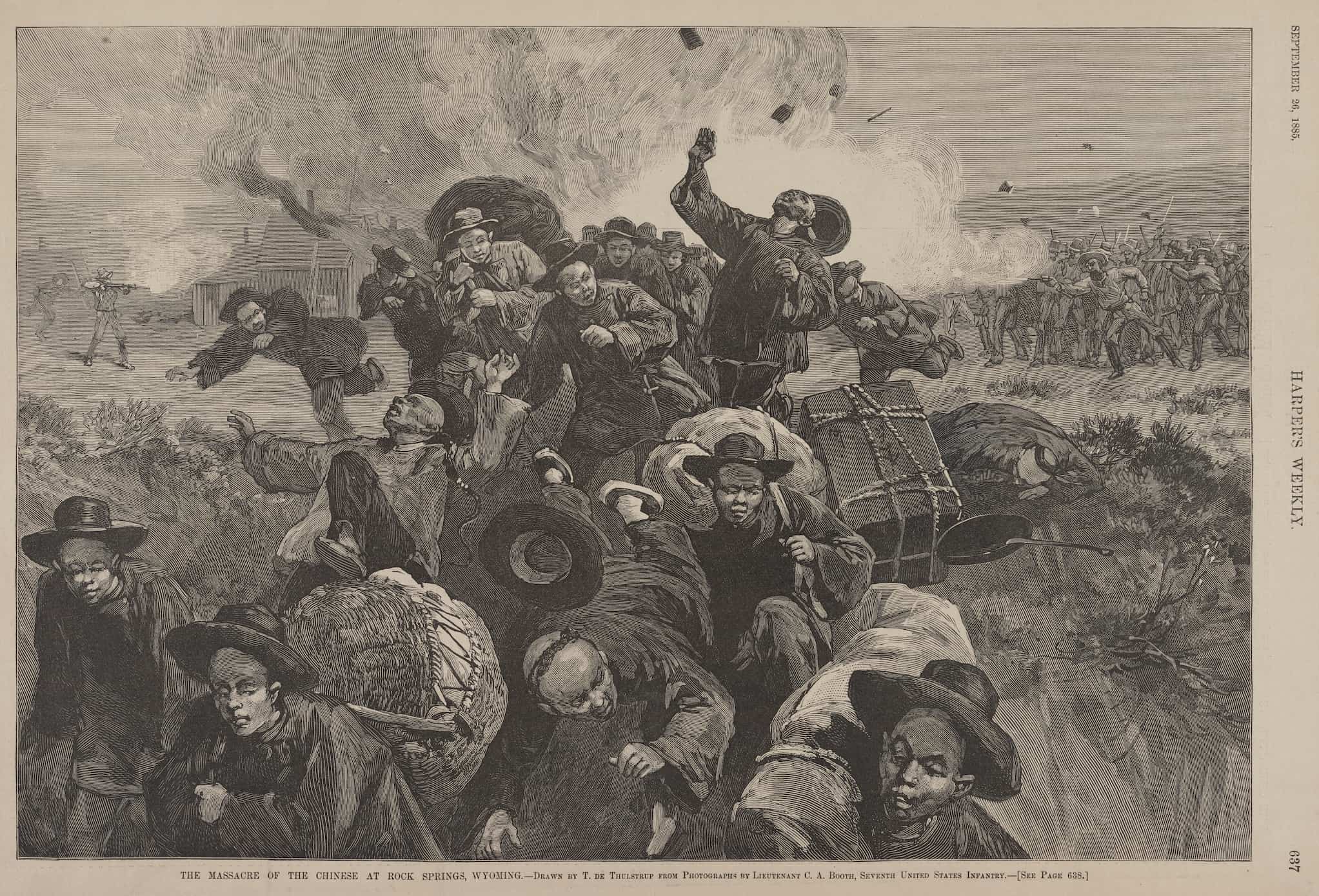 Illustration depicts The Massacre of the Chinese at Rock Springs, Wyoming. Chinese workers are injured and running from armed white miners.