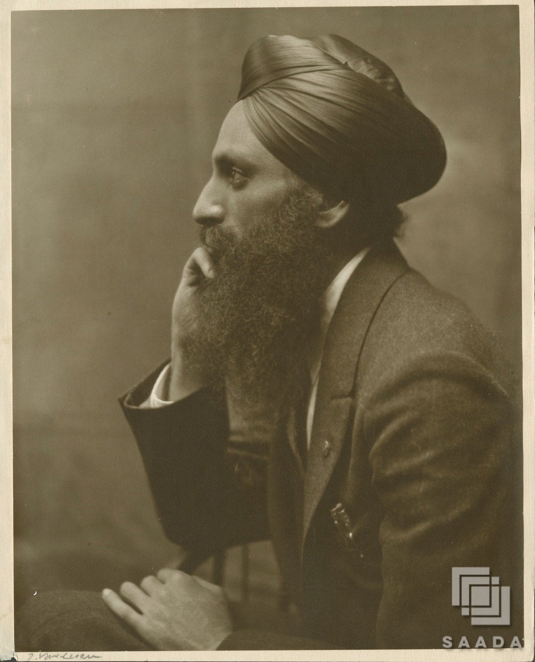 Side profile Portrait of Bhagat Singh Thind, a Sikh man from the Punjab region of India, wearing a turban and a suit and tie.