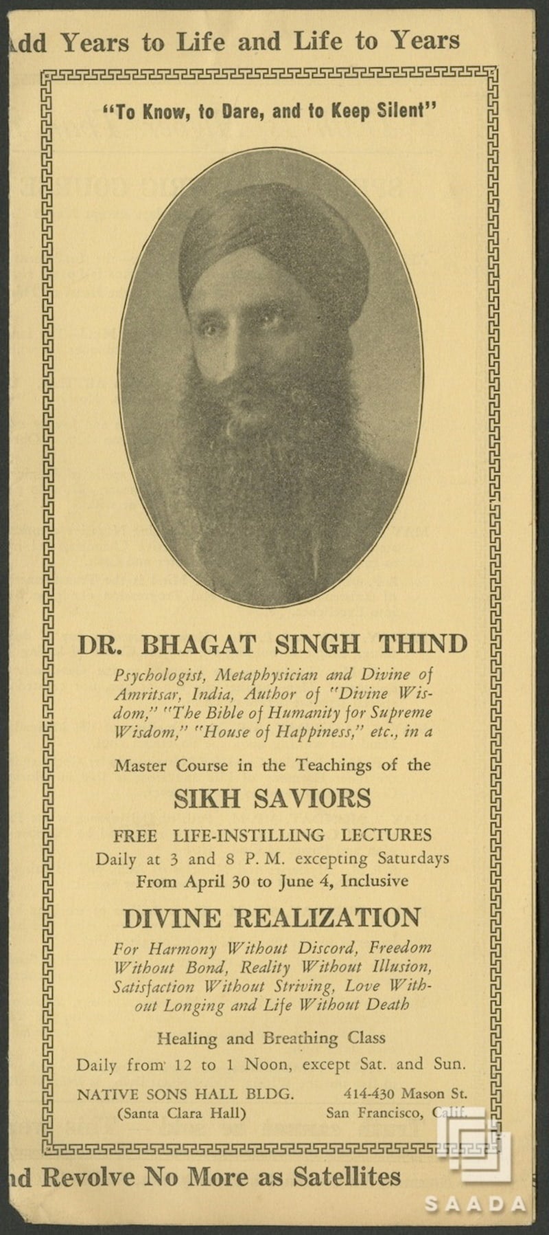 Pamphlet advertising lectures and classes by Dr. Bhagat Singh Thind. Portrait of Bhagat at the center, wearing a headwrap and suit.