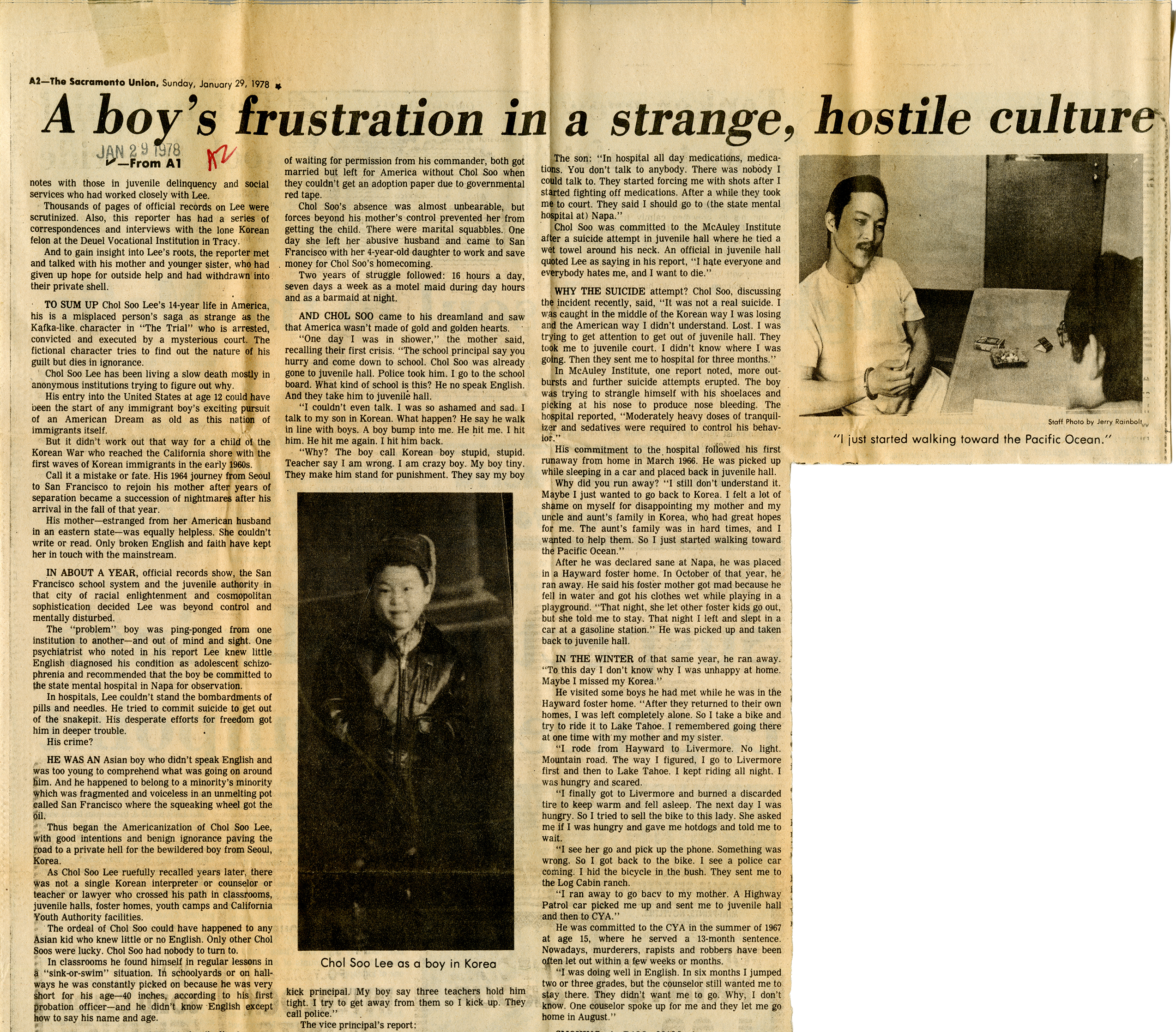 The article titled "A boy's frustration in a strange, hostile culture" details the struggles of Chol Soo Lee. A young photo of his is in the center.
