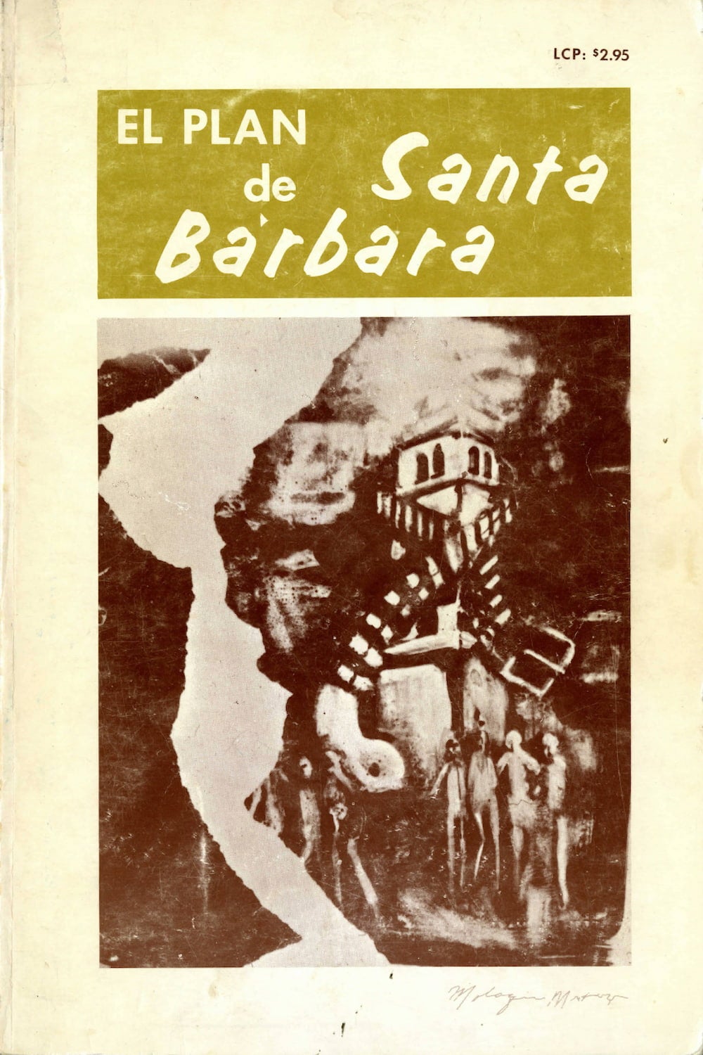 A sepia toned flyer of a tower wrapped in an ammunition belt beside a winding river.