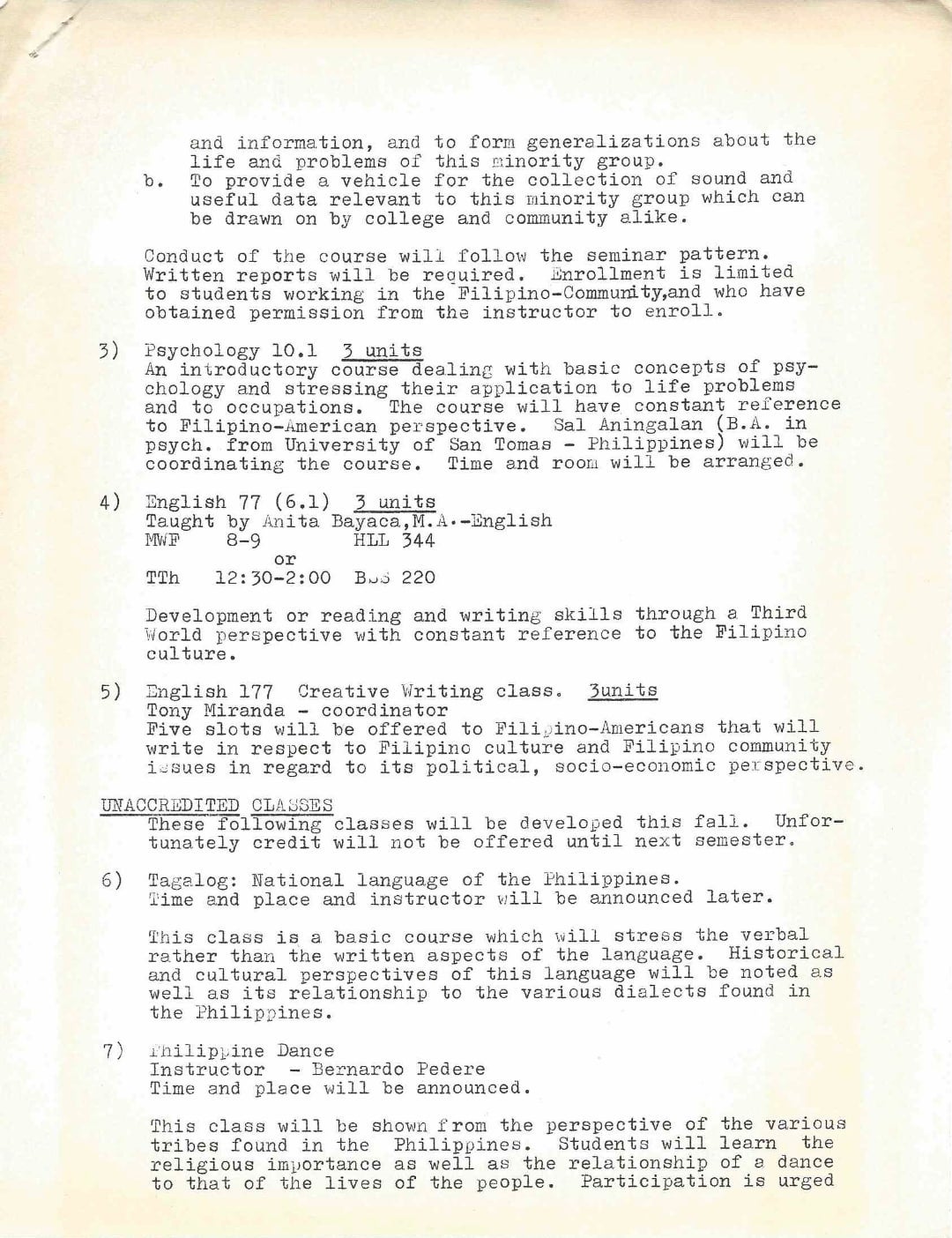 Description of credited anthropology, psychology and English classes in the Filipino American studies and the uncredited Tagalog and dance classes.
