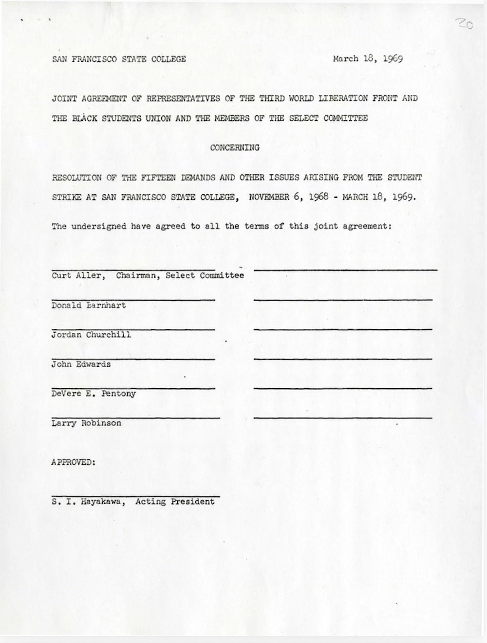 An unsigned signature page for a joint agreement from the Third World Liberation Front and the Black Students Union.
