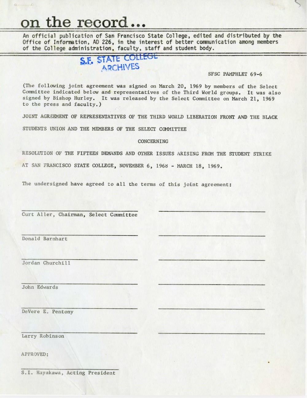 The signature page for a joint agreement from the Third World Liberation Front and the Black Students Union stamped with S. F. State College archives.
