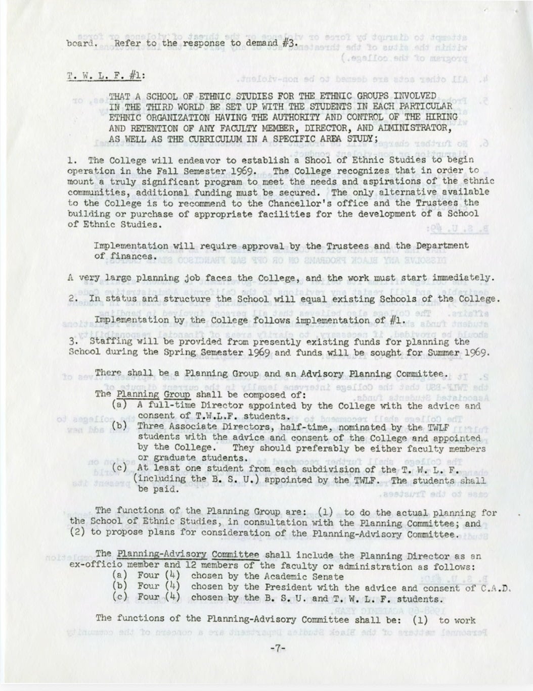 A response to demand 3 outlines the steps to create a School of Ethnic Studies.