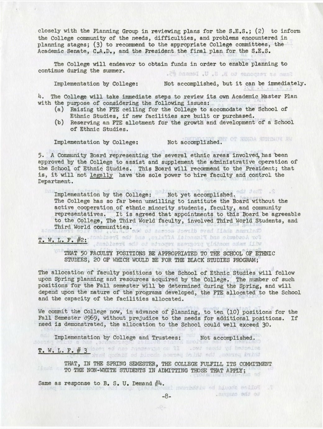 The college pledges that 20 of the 50 new faculty positions will be for the Black Studies program and that they will admit non-white students.