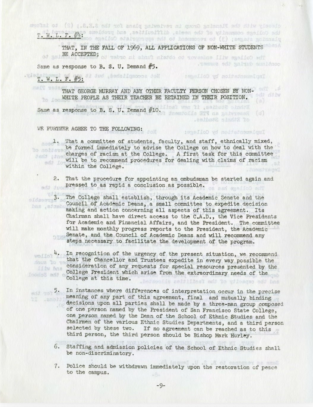 The parties agree to create a committee to oversee charges of racism within the college.