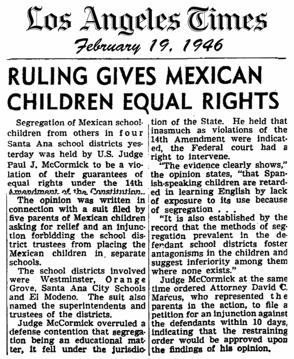 A 1946 Los Angeles Times headline proclaiming Ruling Gives Mexican Children Equal Rights.
