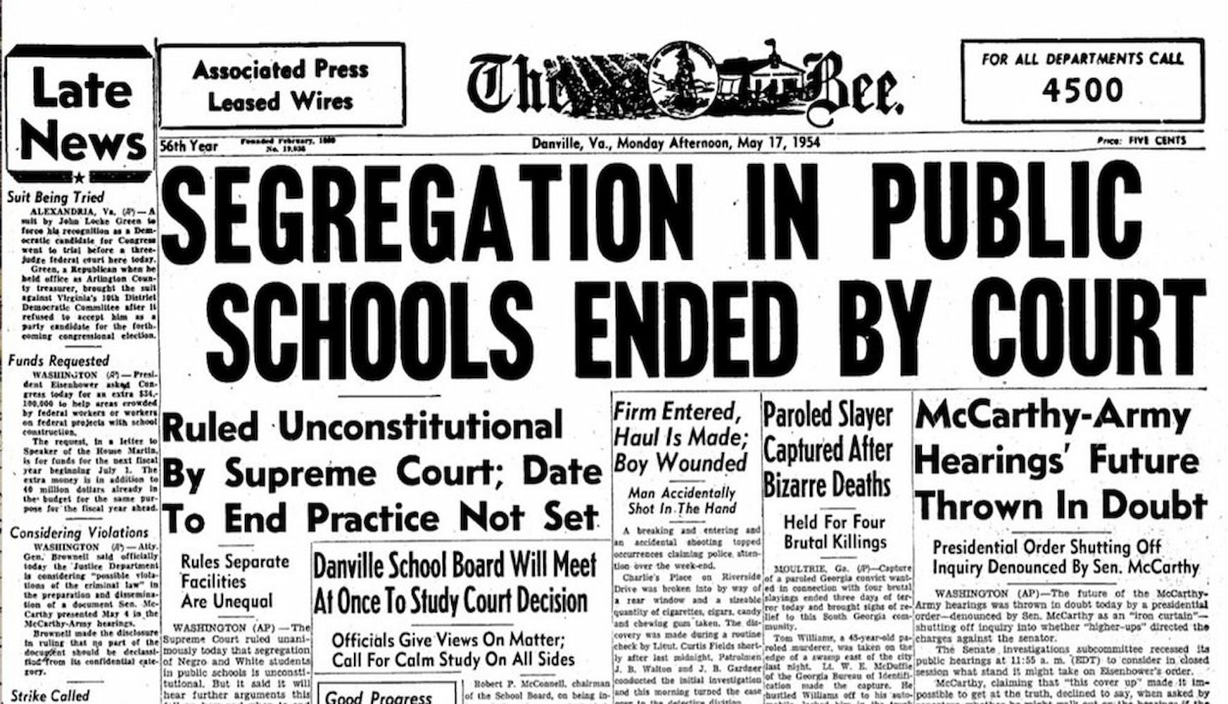 Headlines in 1954 declare that segregation in public schools is ruled unconstitutional by the Supreme Court but no date is set to end the practice.