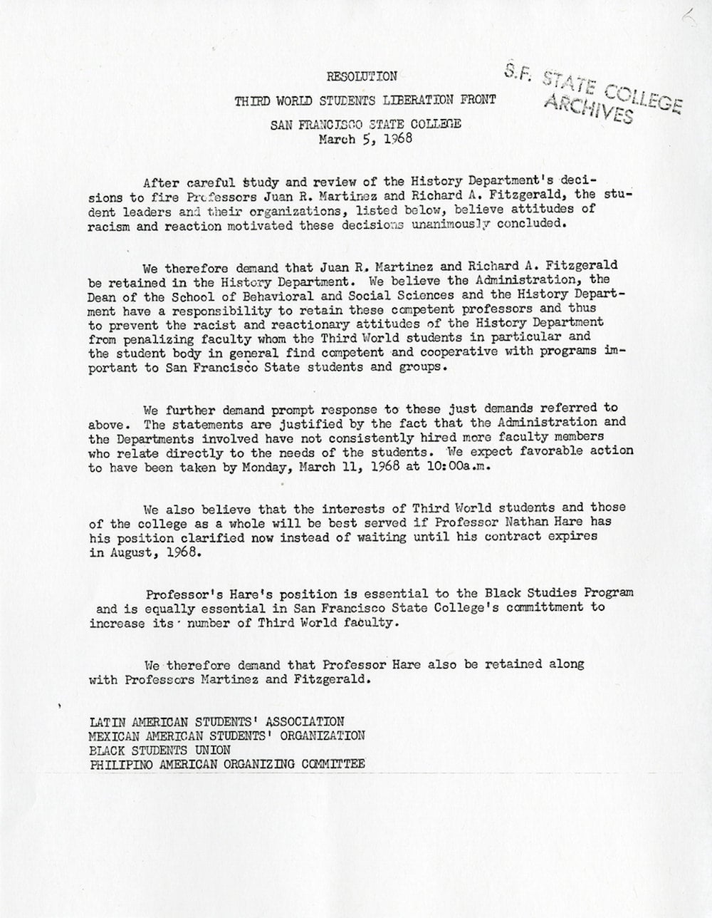 The Third World Liberation Front demands the reinstatement of faculty members to the history department.